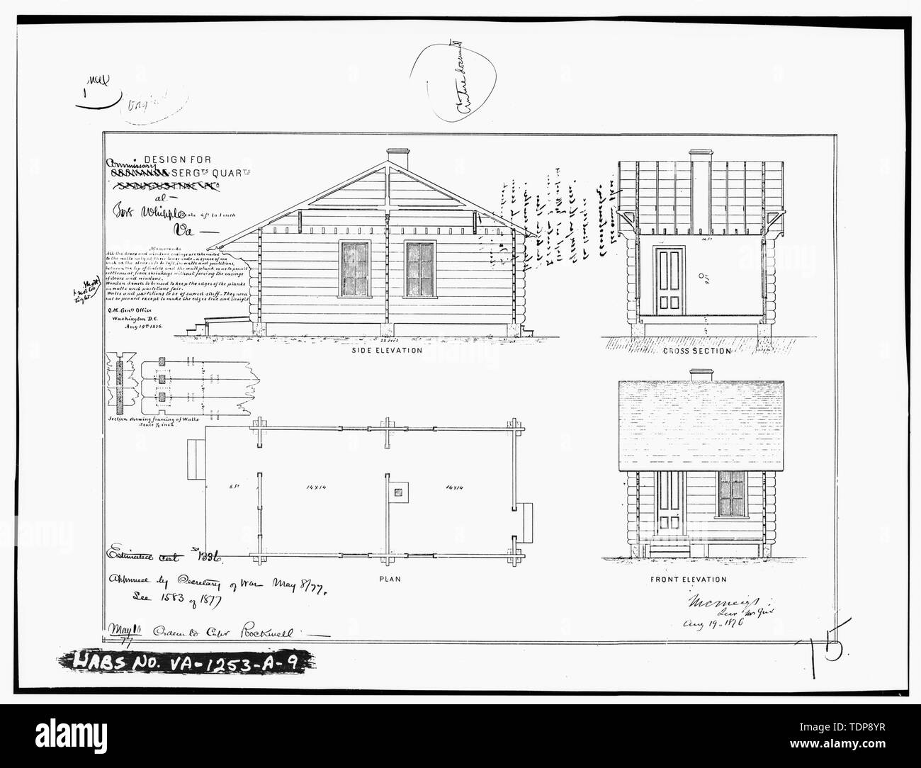 Fotocopia del disegno architettonico (da archivi nazionali architettonico e ramo cartografica Alexandria, Virginia) annotato con litografia su carta. Piano standard utilizzato per la costruzione del Comissario Sergeants Quarters, 1876. Piano, elevazioni Frontale e Laterale, sezione - Fort Myer, spaccio il sergente Quarti, Washington Avenue tra la Johnson Lane e Custer Road, Arlington Arlington County, VA; Meigs, Montgomery C Foto Stock