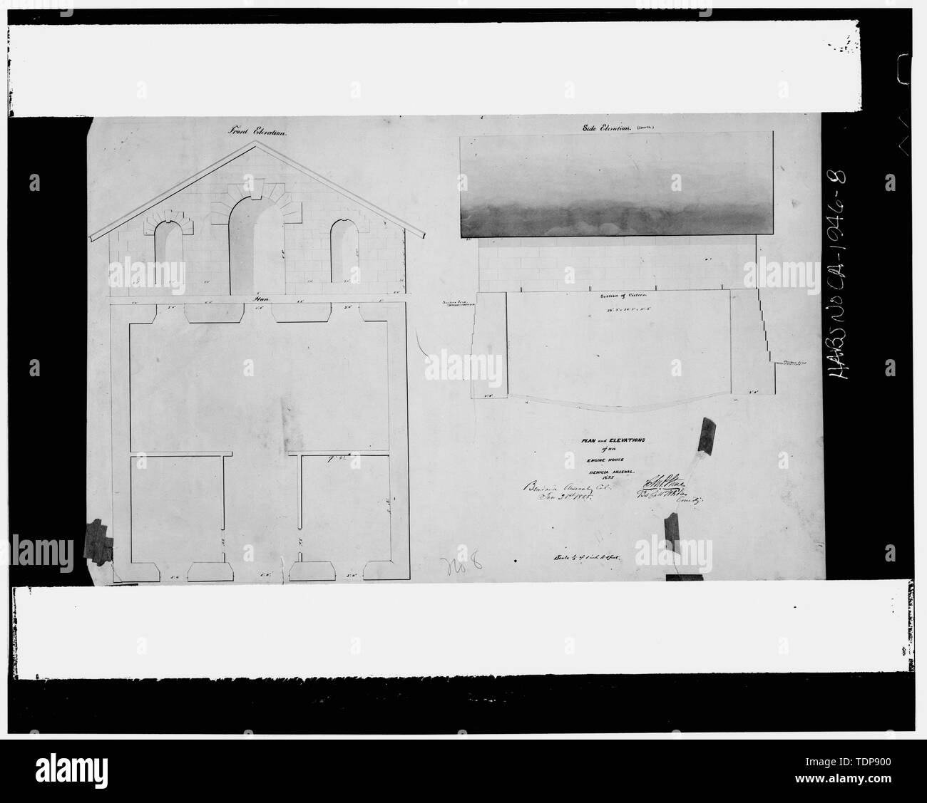 Fotocopia del disegno architettonico (da archivi nazionali, cartografica della Divisione, gruppo di record 156, Cartella 3) Delineatore sconosciuto, 1855 " il piano E LE ALTEZZE DI UN MOTORE DELLA CASA' compresa la sezione della cisterna - Benicia Arsenal, magazzini e Casa del motore, Benicia, Solano County, CA Foto Stock