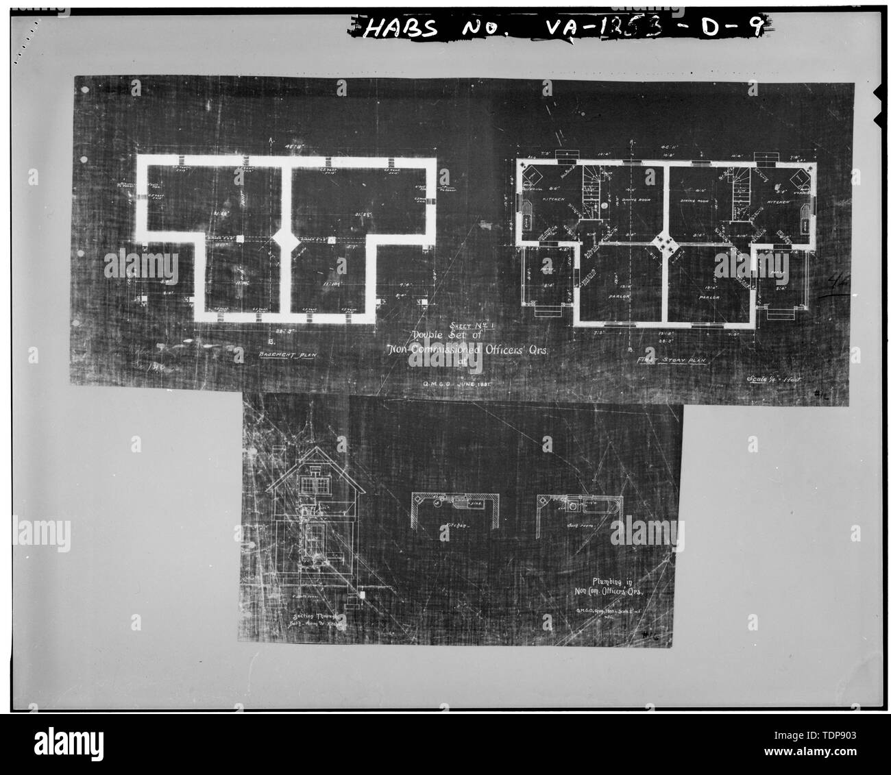 Fotocopia del disegno architettonico (da blueprint a Fort Myer Engineer attività) "doppio set di ufficiali Non-Commissioned Qrs.' Quartermaster Generals Office, foglio 1 e foglio non numerato, piano standard 23, Giugno 1891. litografia su lino disegno architettonico 2. Piani di sezione 1, 2 DETTAGLI - Fort Myer, Non-Commissioned ufficiali Quarti, Washington Avenue tra la Johnson Lane e Custer Road, Arlington Arlington County, VA Foto Stock