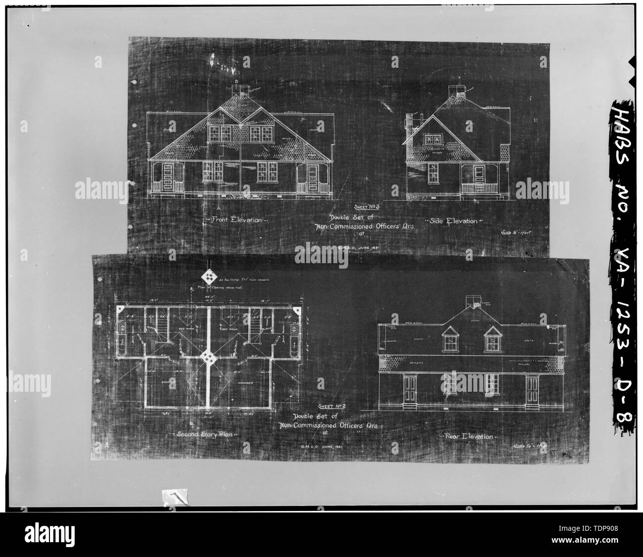 Fotocopia del disegno architettonico (da blueprint a Fort Myer Engineer attività) "doppio set di ufficiali Non-Commissioned Qrs.' Quartermaster Generals Office, i fogli 2 e 3, piano standard 23, giugno 1891, litografata su lino disegno architettonico. 1 PIANO, 3 elevazioni - Fort Myer, Non-Commissioned ufficiali Quarti, Washington Avenue tra la Johnson Lane e Custer Road, Arlington Arlington County, VA Foto Stock