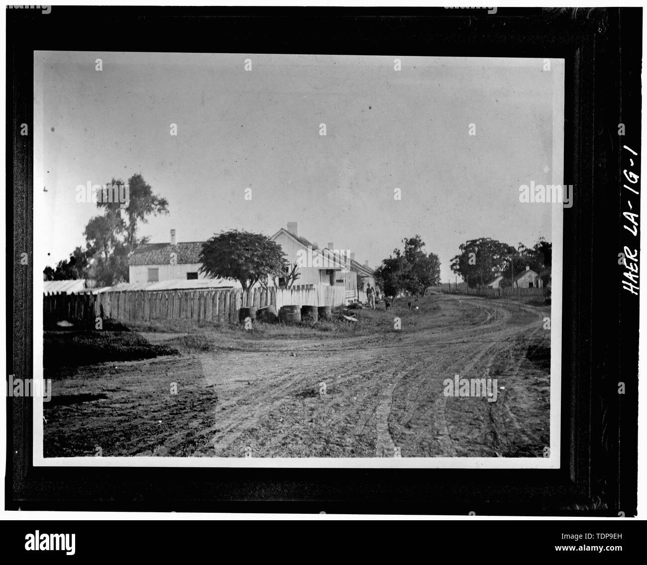 Fotocopia della c. 1906 fotografia di fila il creolo T case in tutta da mill pond che erano disponibili per i lavoratori qualificati tra ingegneri. - La Valle di alloro piantagione di zucchero, ingegnere's House, 2 miglia a sud di Thibodaux sulla Statale 308, Thibodaux, parrocchia di Lafourche, LA; Barker-Lepine Foto Stock