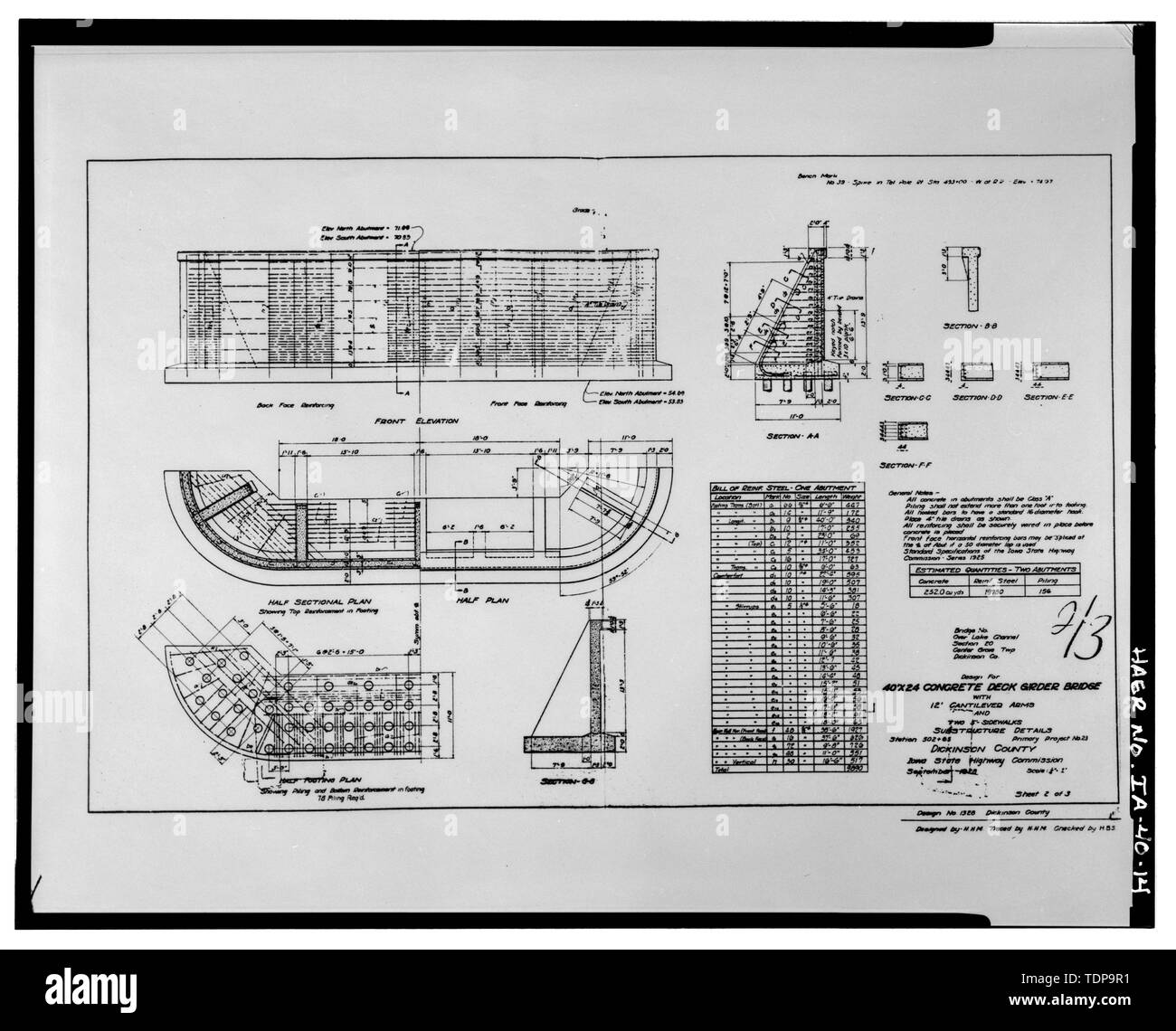 Fotocopia del disegno di costruzione (microfilm copia situato all'Iowa Departmant di trasporto, Ames, Iowa). Iowa State Highway Commissione, ottobre 1929. Dettagli della sottostruttura. - Okoboji bridge spanning stretto betweent oriente e occidente Okoboji laghi, U.S.Highway 71, Okoboji, Dickinson County, IA Foto Stock