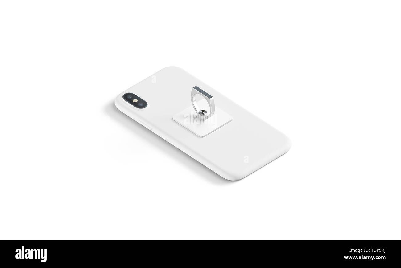 Vuoto fingergrip bianca incollata sul telefono cellulare mock up, isolata, vista laterale, rendering 3d. Svuotare stickypad con anello di maniglia per cellulare mockup. Accessorio trasparente incollata sul retro del mobile. Foto Stock