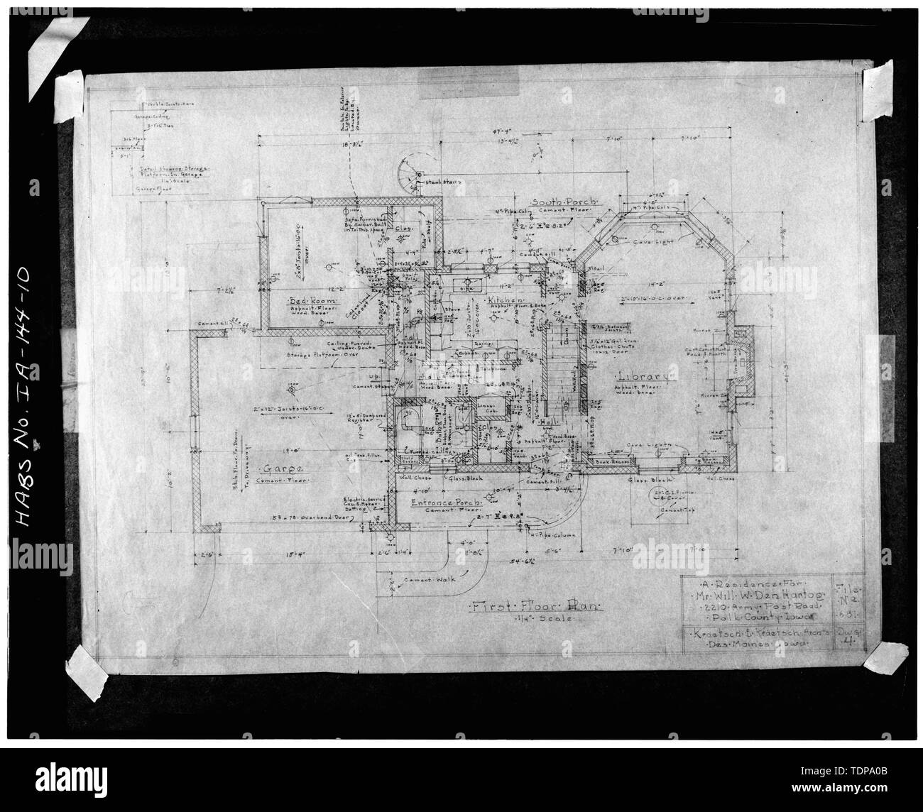 Fotocopia di disegni di costruzione, marzo 1940. Vista di primo piano di pavimento (4' x 5' negativo) - den Hartog House, Esercito 2210 Post Road, Des Moines, Polk County, IA Foto Stock