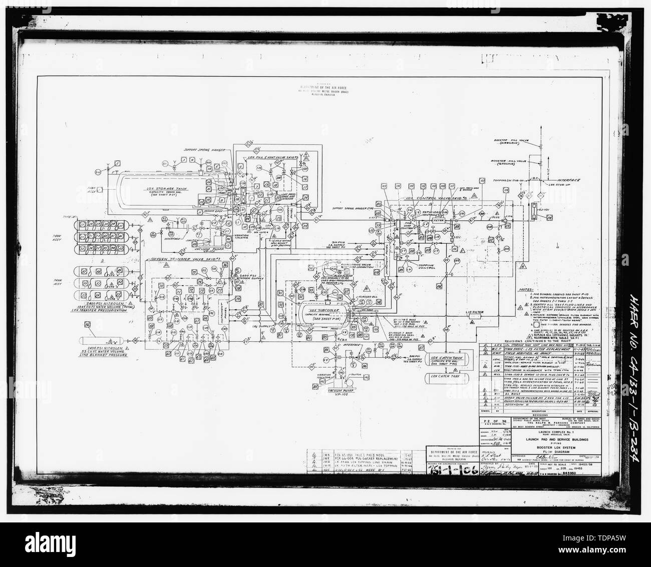 Fotocopia del disegno (1958 Disegno tubazioni da Ralph M. Parsons Company) BOOSTER per ossigeno liquido diagramma di flusso del sistema di LSB, il foglio P2 di 36 - Base aerea di Vandenberg, Space Launch Complex 3, Launch Pad Est 3, Napa e Alden strade, Lompoc, Santa Barbara County, CA Foto Stock