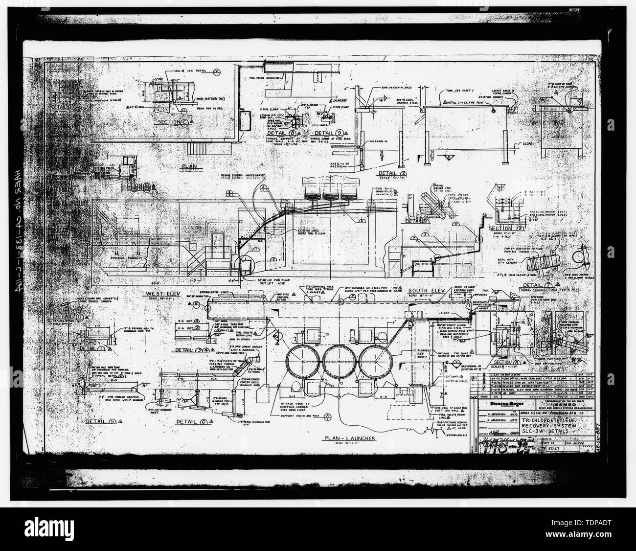 Fotocopia del disegno (1973 disegno meccanico da Stearns-Roger Incorporated) TRICLOROETILENE RECOVERY SYSTEM SLC-3W Dettagli foglio, 212-M4 - Base aerea di Vandenberg, Space Launch Complex 3, Launch Pad 3 West, Napa e Alden strade, Lompoc, Santa Barbara County, CA Foto Stock