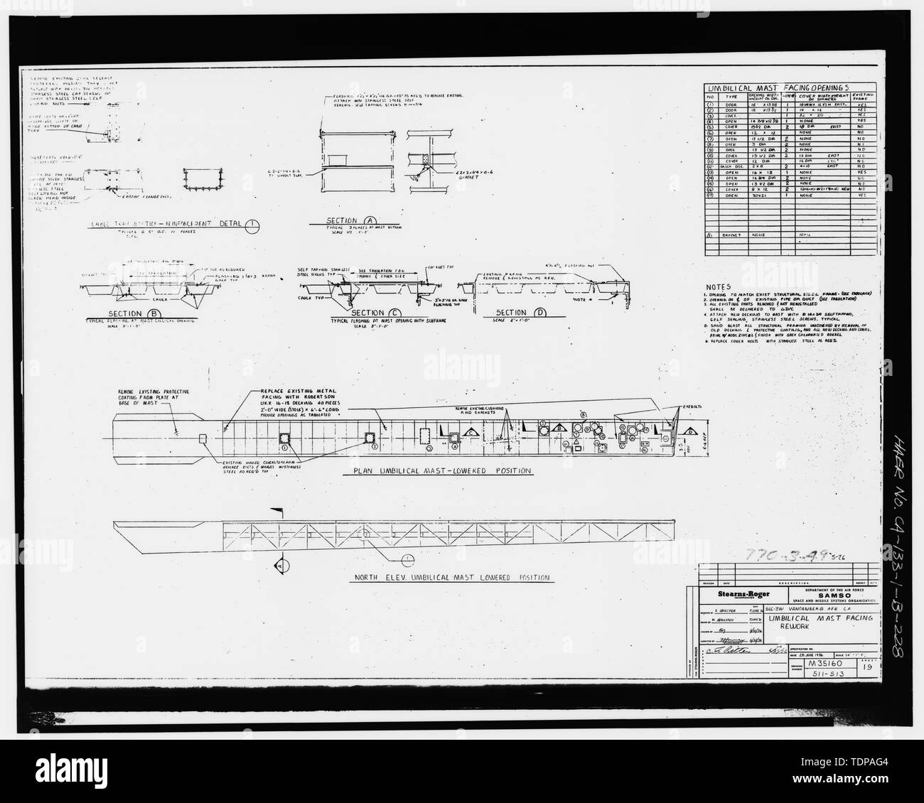 Fotocopia del disegno (1976 disegno strutturale da Stearns-Roger Incorporated) rivolta verso la rettifica per il montante ombelicale, FOGLIO 511-S13 - Base aerea di Vandenberg, Space Launch Complex 3, Launch Pad Est 3, Napa e Alden strade, Lompoc, Santa Barbara County, CA Foto Stock