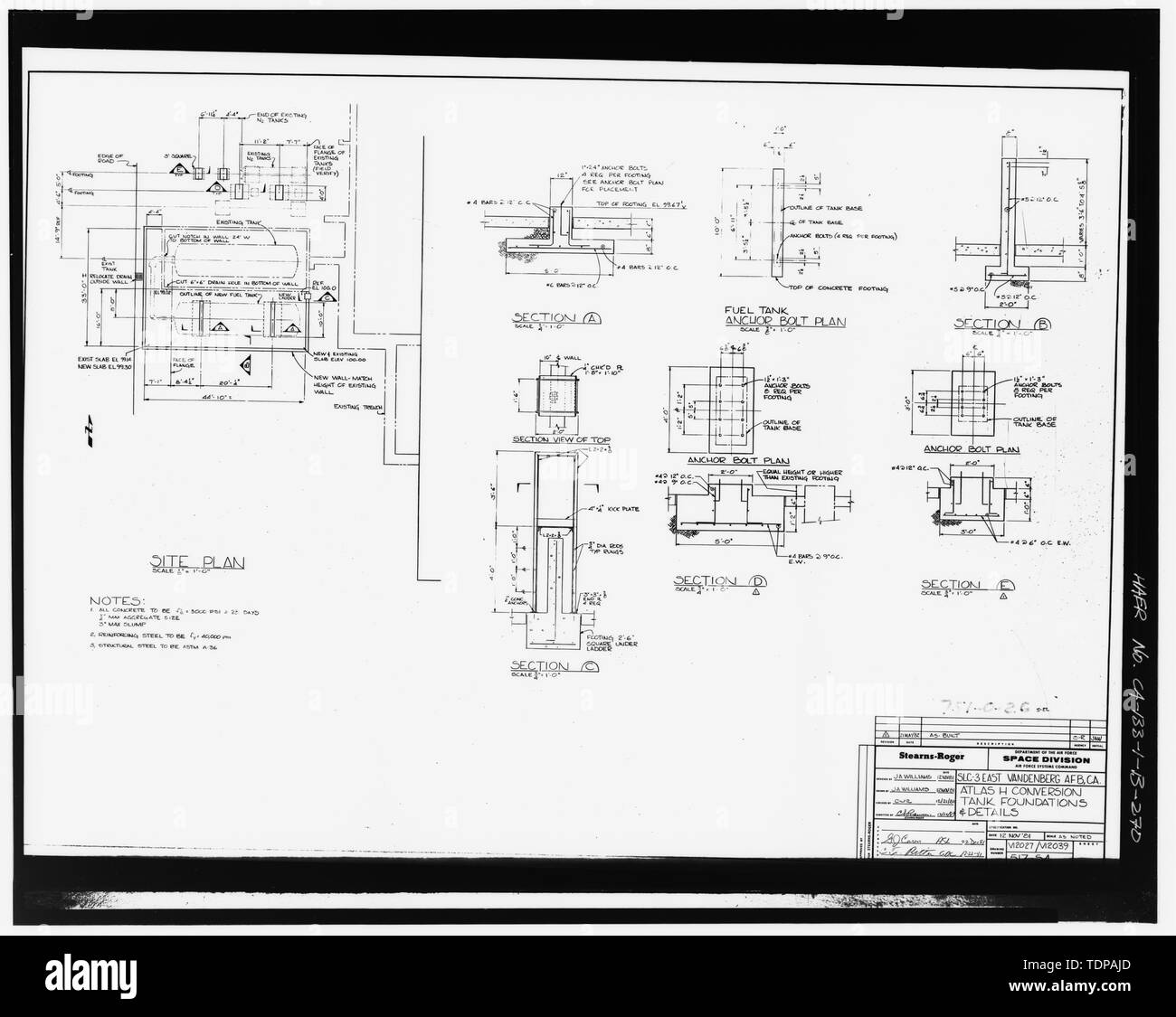 Fotocopia del disegno (1981 disegno strutturale da Stearns-Rogers Incorporated) serbatoio piani di fondazioni, le sezioni e i dettagli per l'ATLAS H LA CONVERSIONE, foglio 517-54 - Base aerea di Vandenberg, Space Launch Complex 3, Launch Pad Est 3, Napa e Alden strade, Lompoc, Santa Barbara County, CA Foto Stock