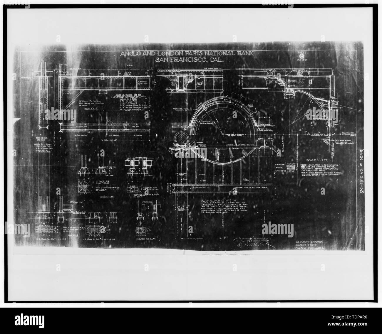 Fotocopia del disegno (posizione di originale sconosciuto) Albert Pissis, architetto, data sconosciuta in acciaio dettagli lavoro - Anglo e Londra Parigi Banca Nazionale, uno Sansome Street, San Francisco, San Francisco County, CA Foto Stock