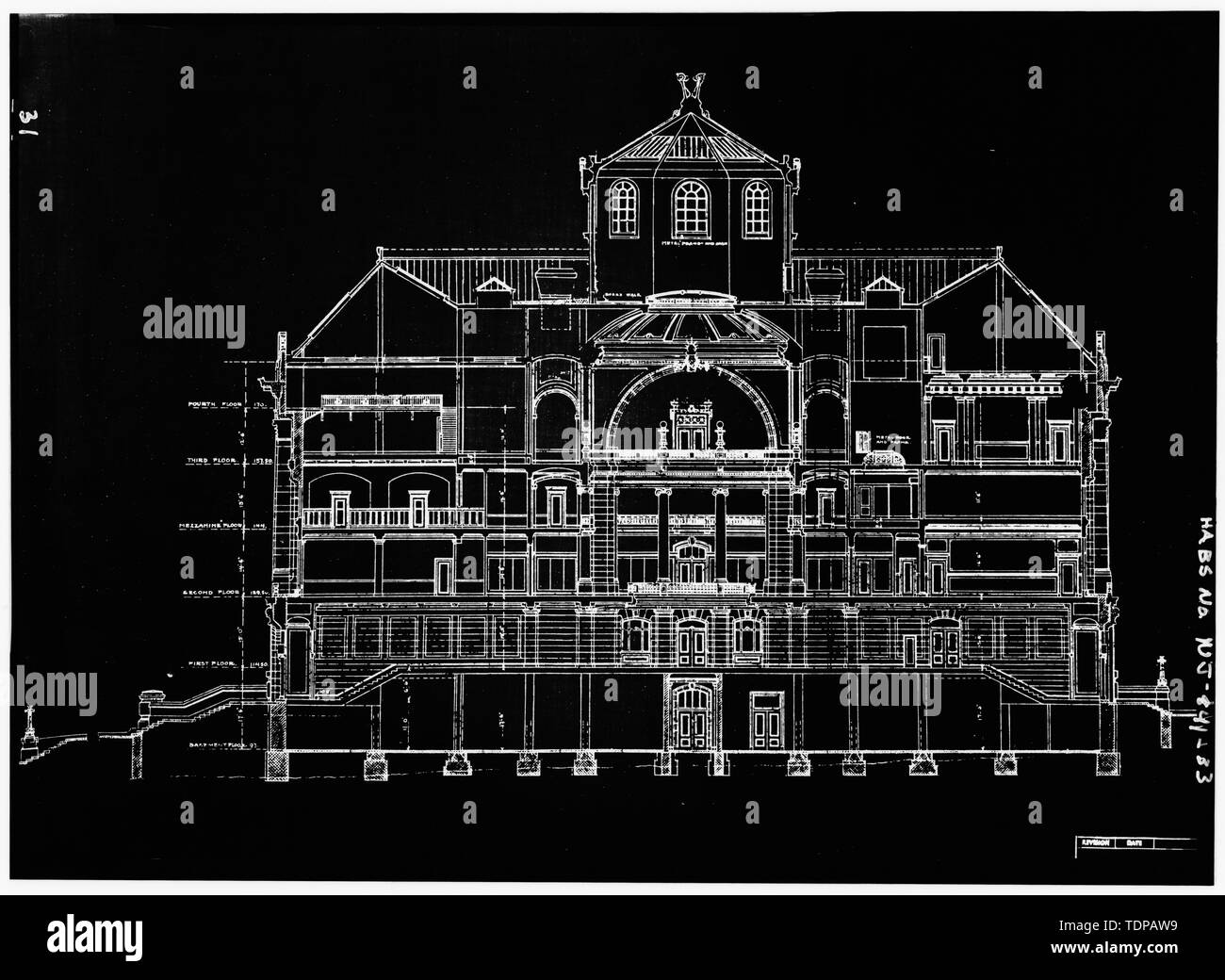 Fotocopia del disegno (posizione di originale sconosciuto) Joseph Comparetto, Delineatore, data sconosciuta esterno, WEST POSTERIORE - Hudson County Courthouse, 583 Newark Avenue, Città di Jersey, Hudson County, NJ Foto Stock