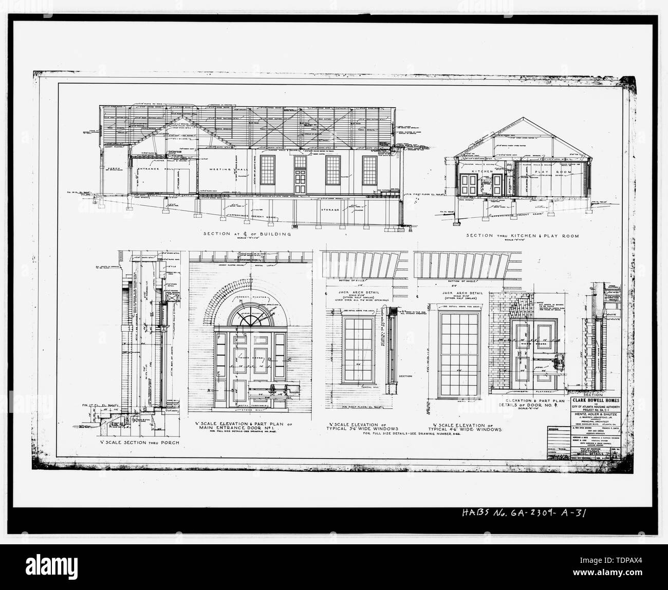 Fotocopia del disegno (1 marzo 1940 disegno architettonico da Heintz, Adler e Schutze, in possesso di Atlanta Autorità di alloggiamento). Sezioni, di vari dettagli. Il disegno n. A-64 - Clark Howell case, comunità centro, 528 Lovejoy Street, Atlanta, Fulton County, GA Foto Stock