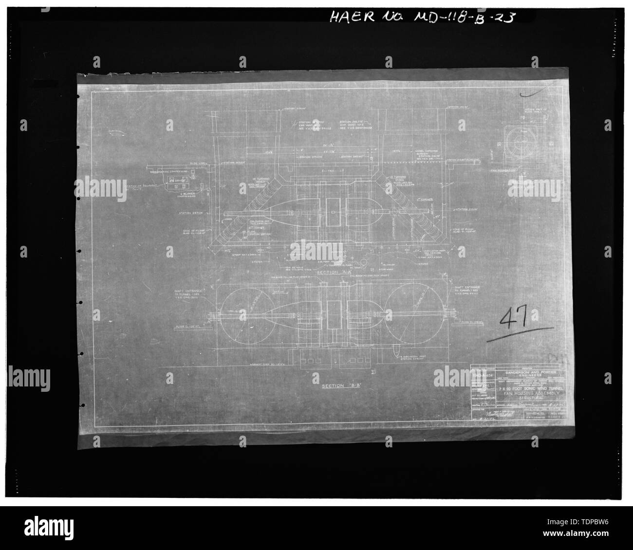 Fotocopia del disegno (originale in possesso della superficie navale Warfare Center Carderock Division, Bethesda, MD) 7 x 10 piedi SONIC galleria del vento, il complessivo alloggiamento ventola, 1952 - Superficie navale Warfare Center transonico, Galleria del Vento edificio, delimitata da Clara Barton Parkway e McArthur Boulevard, Silver Spring, Montgomery County, MD; U.S. Dipartimento della Marina Militare; R. Christopher Goodwin e Associates, Incorporated, contraente; Melhuish, Geoffrey Eden Project manager; saggi di Harriet, fotografo Foto Stock