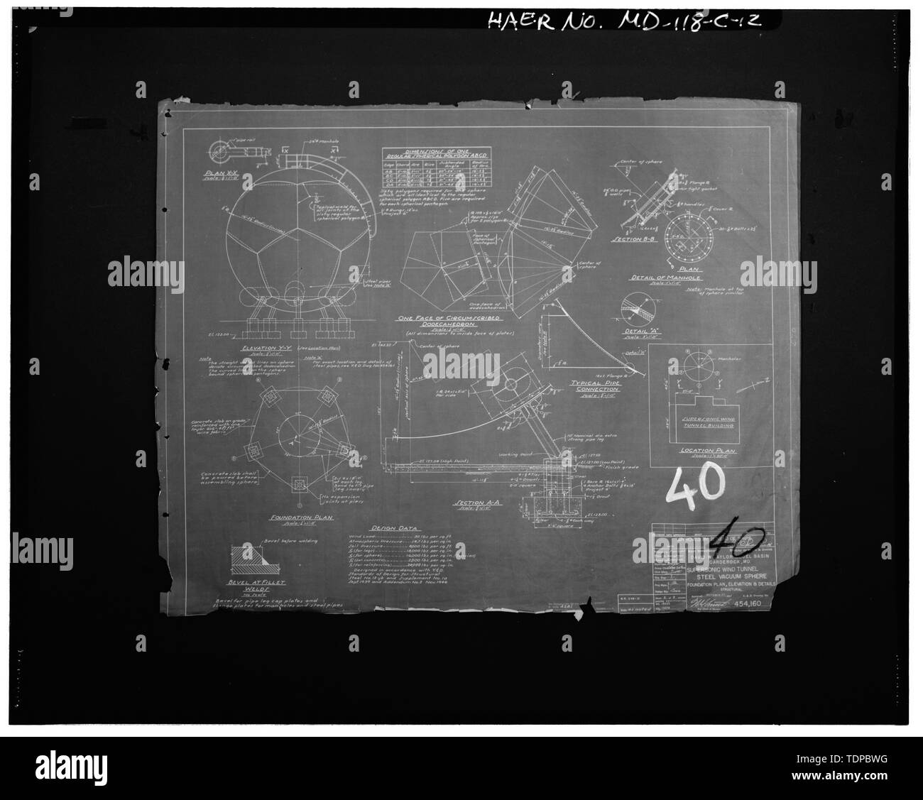 Fotocopia del disegno (originale in possesso della superficie navale Warfare Center Carderock Division, Bethesda, MD) Supersonico galleria del vento, acciaio sfera vuoto, piano di fondazione, elevazione e dettagli, 1947 - Superficie navale Warfare Center, Supersonic Wind Tunnel edificio, delimitata da Clara Barton Parkway e McArthur Boulevard, Silver Spring, Montgomery County, MD; U.S. Dipartimento della Marina Militare; R. Christopher Goodwin e Associates, Incorporated, contraente; Melhuish, Geoffrey Eden Project manager; saggi di Harriet, fotografo Foto Stock