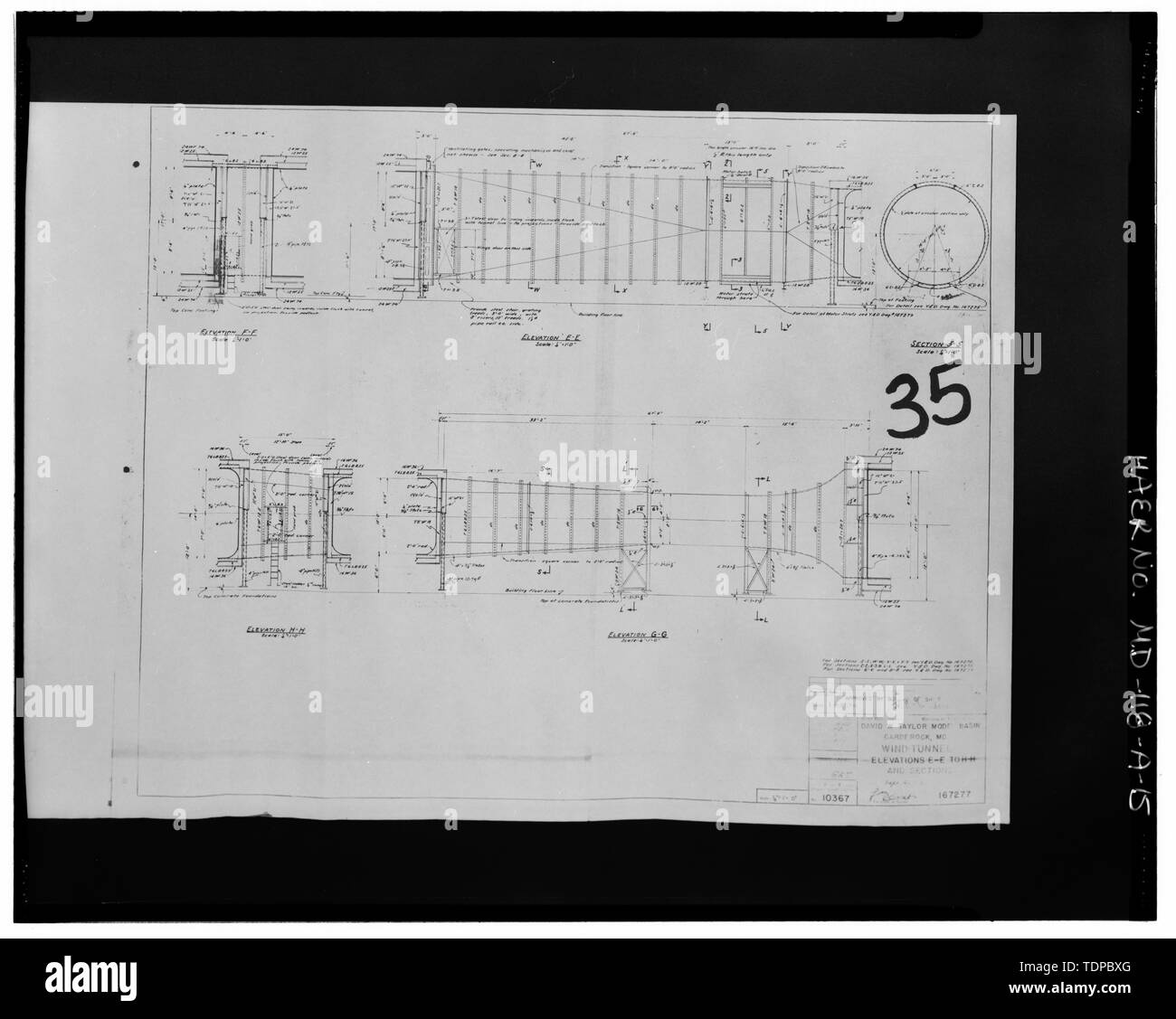 Fotocopia del disegno (originale in possesso della superficie navale Warfare Center Carderock Division, Bethesda, MD) galleria del vento, elevazioni E-H-H e sezioni, 1941 - Superficie navale Warfare Center, Subsonic Galleria del Vento edificio, delimitata da Clara Barton Parkway e McArthur Boulevard, Silver Spring, Montgomery County, MD; U.S. Dipartimento della Marina Militare; R. Christopher Goodwin e Associates, Incorporated, contraente; Melhuish, Geoffrey Eden Project manager; saggi di Harriet, fotografo Foto Stock