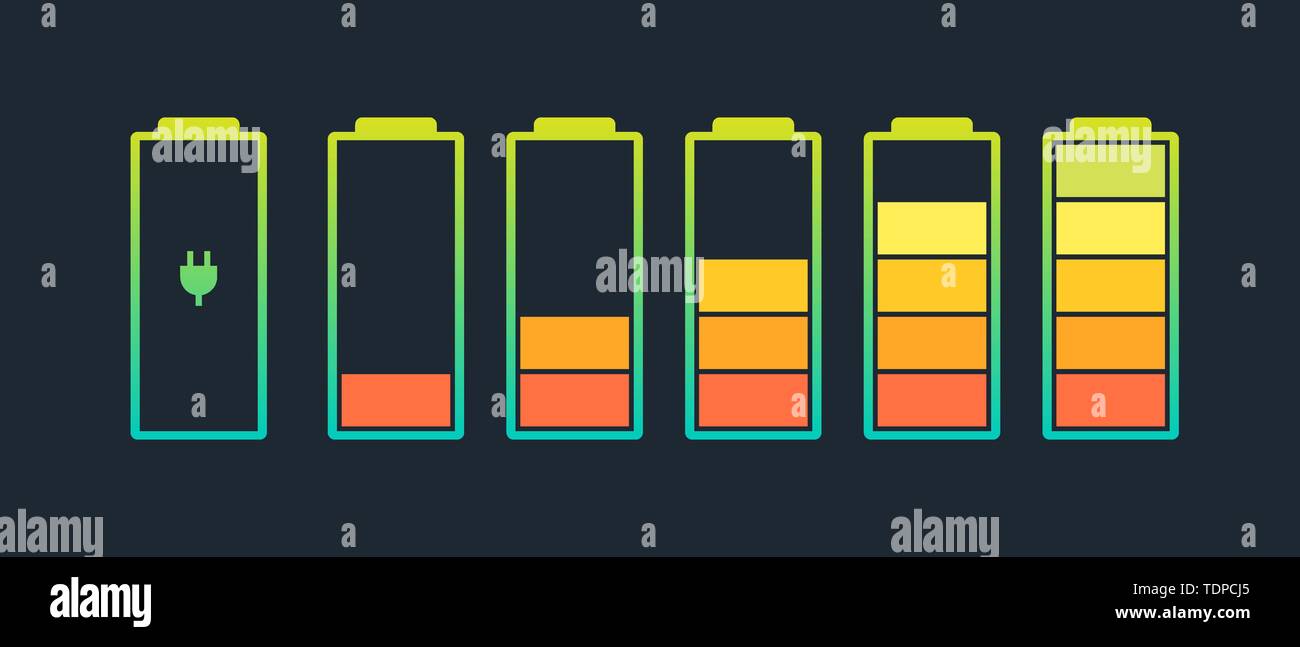 Indicatore di carica della batteria set di icone. Livello di carica piena potenza da basso a alto e spina elettrica. Gadget alcalino dello stato energetico illustrazione vettoriale Illustrazione Vettoriale