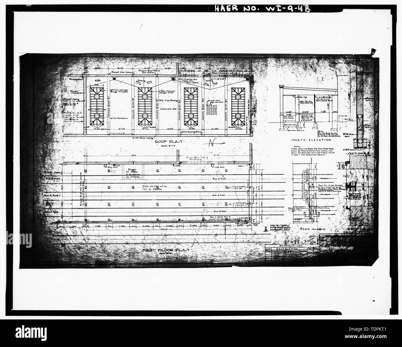 Fotocopia dei piani. Disegnatore sconosciuto, 1916 oltre ad Auto fienile. Primo piano, i piani del tetto. - Milwaukee luce, calore e Traction Company, 8336 West Lapham Street, West Allis, Milwaukee County, WI; Villard, Henry Foto Stock