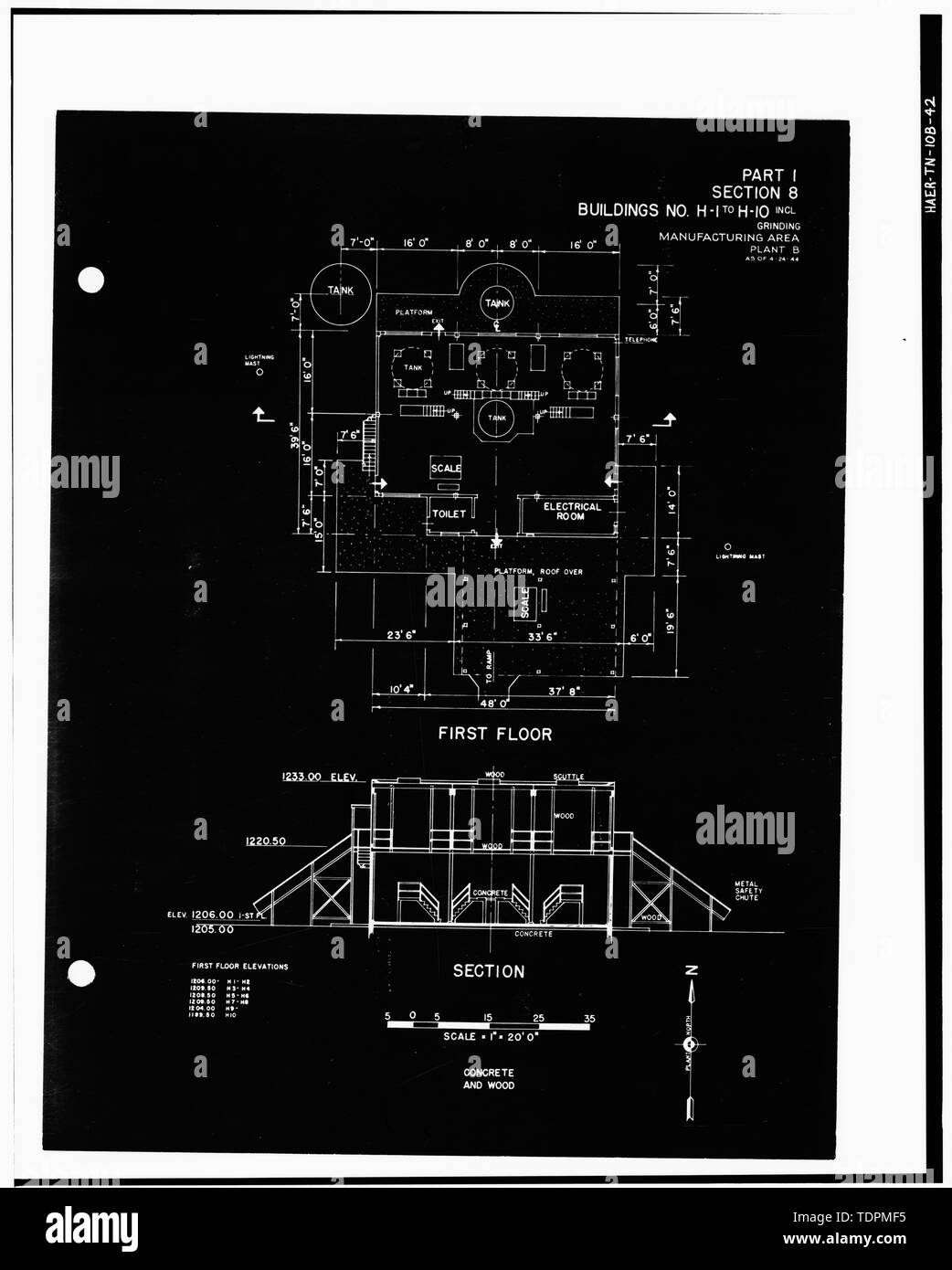 Fotografia di un disegno. '(Sezione trasversale e in pianta di layout) PARTE I, sezione 8, Edifici n. H-1 di H-10 INCL., macinazione, area di produzione, IMPIANTI B come di 4-24-44." DA PARTE DEGLI STATI UNITI Esercito di ingegneri. Impianti industriali di inventario, Holston Ordnance Opere, Kingsport, Tennessee. Impianto B, le parti II, III. (NashVille, TN- ufficio del distretto ingegnere, 1944). - Esercito Holston Impianto di munizioni, RDX-e-COMPOSIZIONE-B Linea di produzione 9, Kingsport, Sullivan County, TN; Bachmann , Werner E; Tennessee Eastman Corporation; U.S. Dipartimento dell'esercito; National de Foto Stock