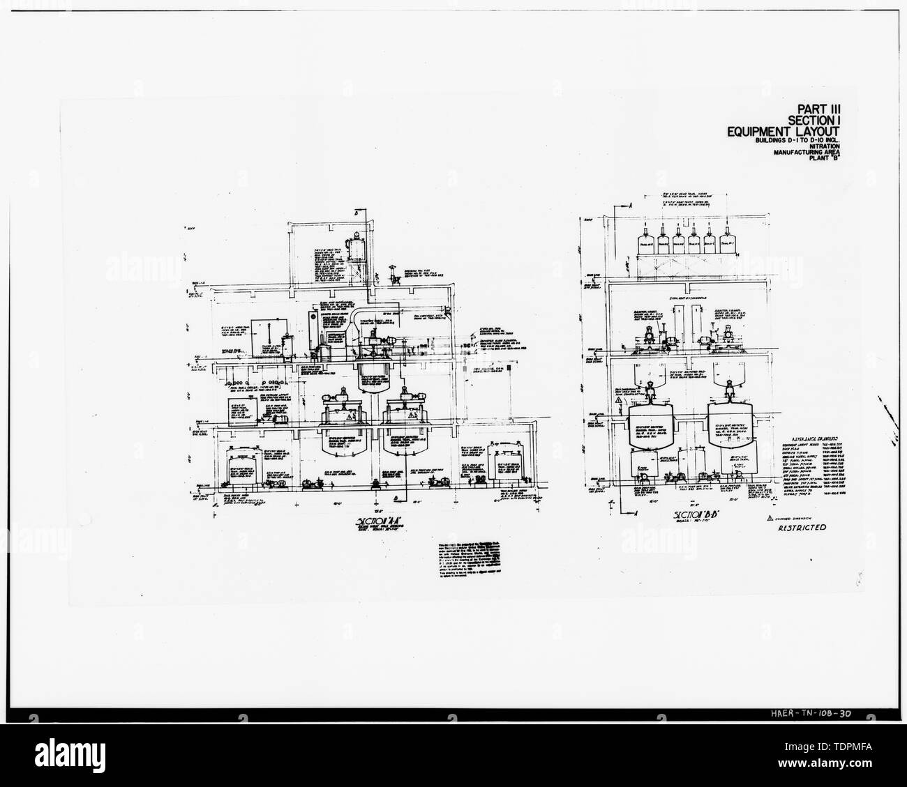 Fotografia di un disegno. '(Sezione trasversale di) PARTE III, sezione 1, allestimento, edifici D-1 DI D-10 INCL., la nitrazione, AREA DI PRODUZIONE, impianti 'B'.' dalla U.S. Esercito di ingegneri. Impianti industriali di inventario, Holston Ordnance Opere, Kingsport, Tennessee. Impianto B, le parti II, III. (Nashville, TN- ufficio del distretto ingegnere, 1944). - Esercito Holston Impianto di munizioni, RDX-e-COMPOSIZIONE-B Linea di produzione 9, Kingsport, Sullivan County, TN; Bachmann , Werner E; Tennessee Eastman Corporation; U.S. Dipartimento dell'esercito; nazionale la ricerca in materia di difesa Foto Stock