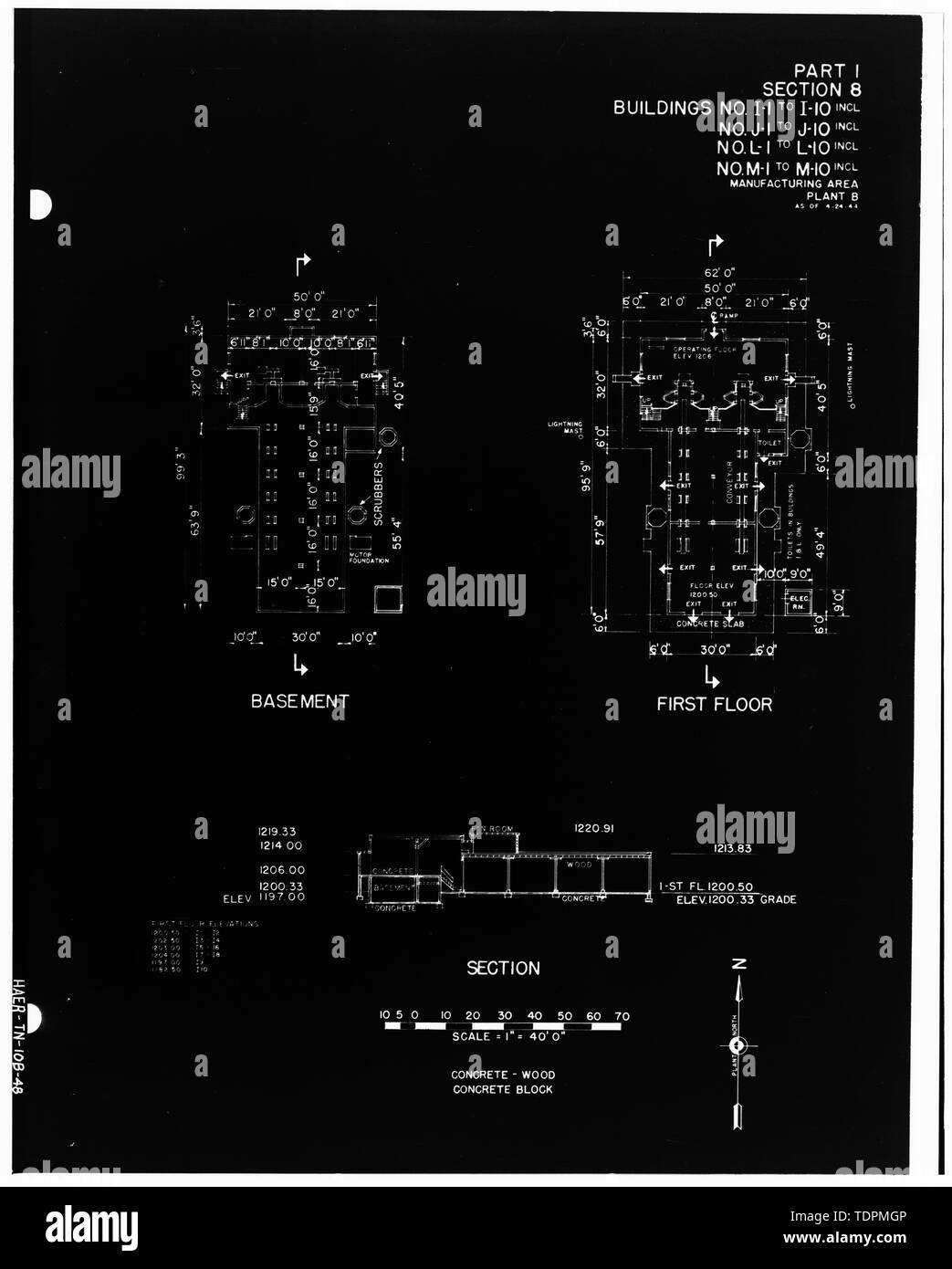 Fotografia di un disegno. "Parte I, sezione 8, Edifici n. I-1 a 1-10 INCL., n. J-1 A J-10 INCL., NO. L-1 a L-10 INCL., N° M-1 a M-10 INCL., area di produzione, IMPIANTI B come di 4-24-44." DA PARTE DEGLI STATI UNITI Esercito di ingegneri. Impianti industriali di inventario, Holston Ordnance Opere, Kingsport, Tennessee. Impianto B, le parti II, III. (Nashville, TN- ufficio del distretto ingegnere, 1944). - Esercito Holston Impianto di munizioni, RDX-e-COMPOSIZIONE-B Linea di produzione 9, Kingsport, Sullivan County, TN; Bachmann , Werner E; Tennessee Eastman Corporation; U.S. Dipartimento Foto Stock