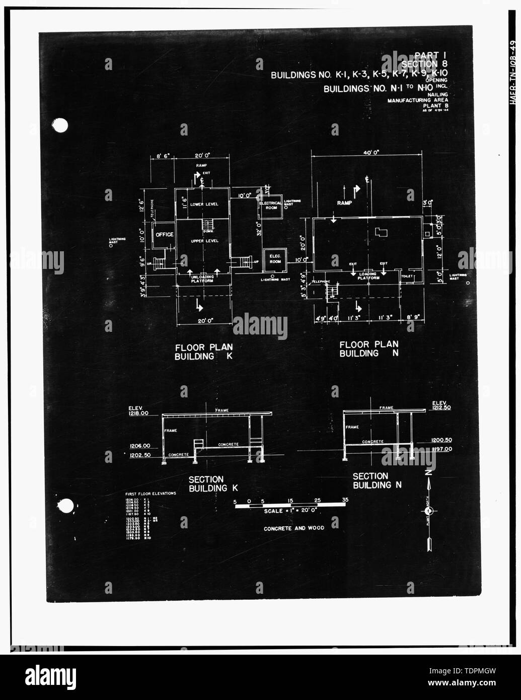 Fotografia di un disegno. "Parte I, sezione 8, EDIFICI N° K-1, k-3, k-5, k-7, k-9, K-10 apertura, Edifici n. N-1 a N-10 INCL., chiodatura, area di produzione, IMPIANTI B come di 4-24-44." DA PARTE DEGLI STATI UNITI Esercito di ingegneri. Impianti industriali di inventario, Holston Ordnance Opere, Kingsport, Tennessee. Impianto B, le parti II, III. (Nashville, TN- ufficio del distretto ingegnere, 1944). - Esercito Holston Impianto di munizioni, RDX-e-COMPOSIZIONE-B Linea di produzione 9, Kingsport, Sullivan County, TN; Bachmann , Werner E; Tennessee Eastman Corporation; U.S. Dipartimento del Foto Stock