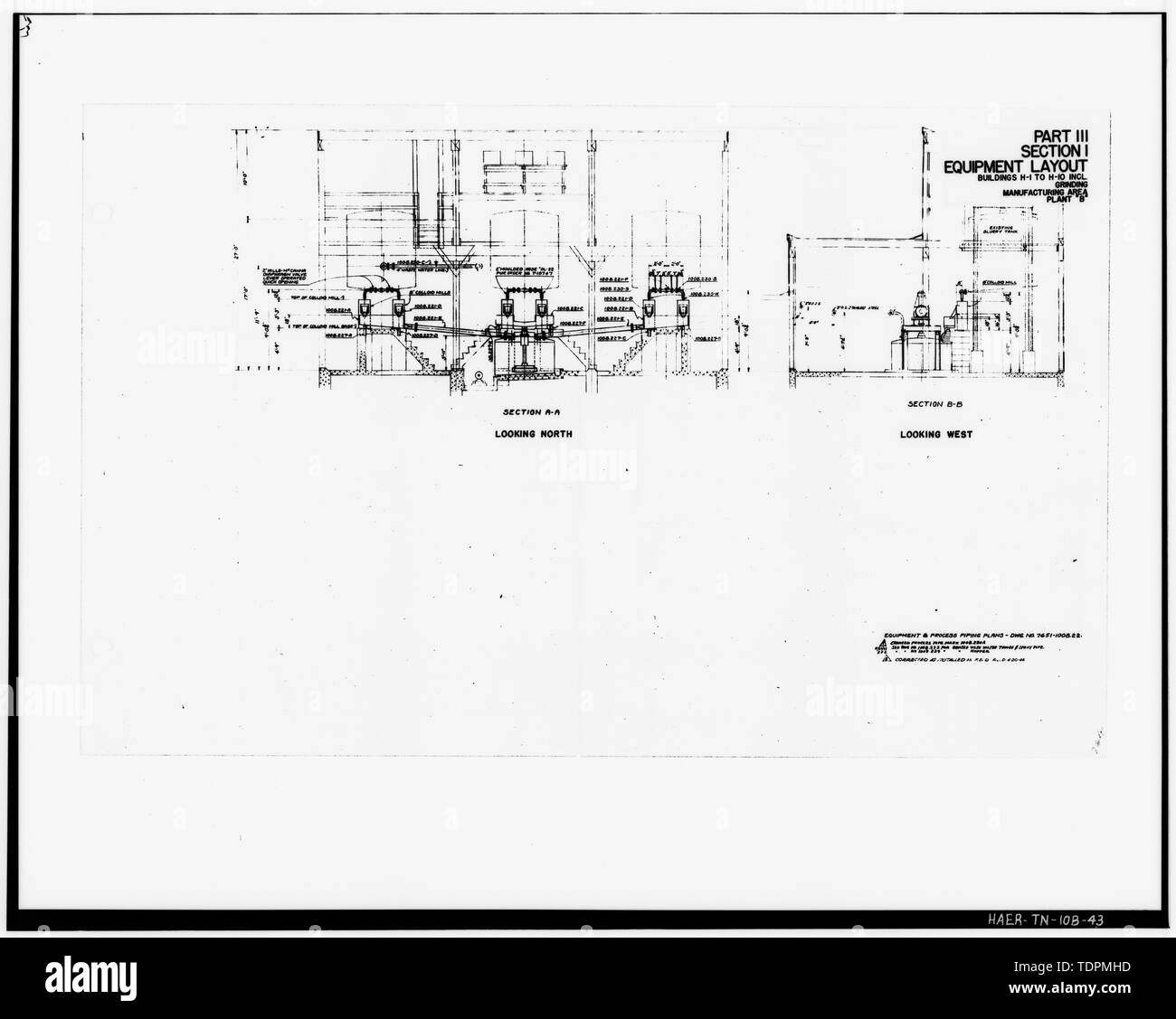 Fotografia di un disegno. "Parte III, sezione 1, allestimento, EDIFICI H-1 di H-10 INCL., macinazione, AREA DI PRODUZIONE, impianti 'B'.' dalla U.S. Esercito di ingegneri. Impianti industriali di inventario, Holston Ordnance Opere, Kingsport, Tennessee. Impianto B, le parti II, III. (Nashville, TN- ufficio del distretto ingegnere, 1944). - Esercito Holston Impianto di munizioni, RDX-e-COMPOSIZIONE-B Linea di produzione 9, Kingsport, Sullivan County, TN; Bachmann , Werner E; Tennessee Eastman Corporation; U.S. Dipartimento dell'esercito; difesa nazionale Comitato di ricerca; Fraser-Br Foto Stock