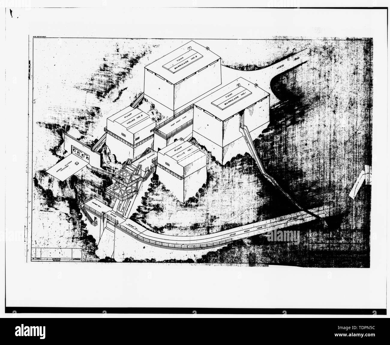 Fotografia del disegno della linea. Vista isometrica di 500.000 POUND STATIC TEST FACILITY, nessuna data - White Sands Missile Range, V-2 Rocket strutture, vicino all'area della sede centrale, sabbie bianche, Dona Ana County, NM Foto Stock