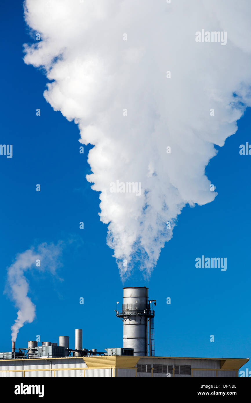Close-up di metallo grande pila di fabbrica con grande scarico di vapore contro un cielo blu; Calgary, Alberta, Canada Foto Stock