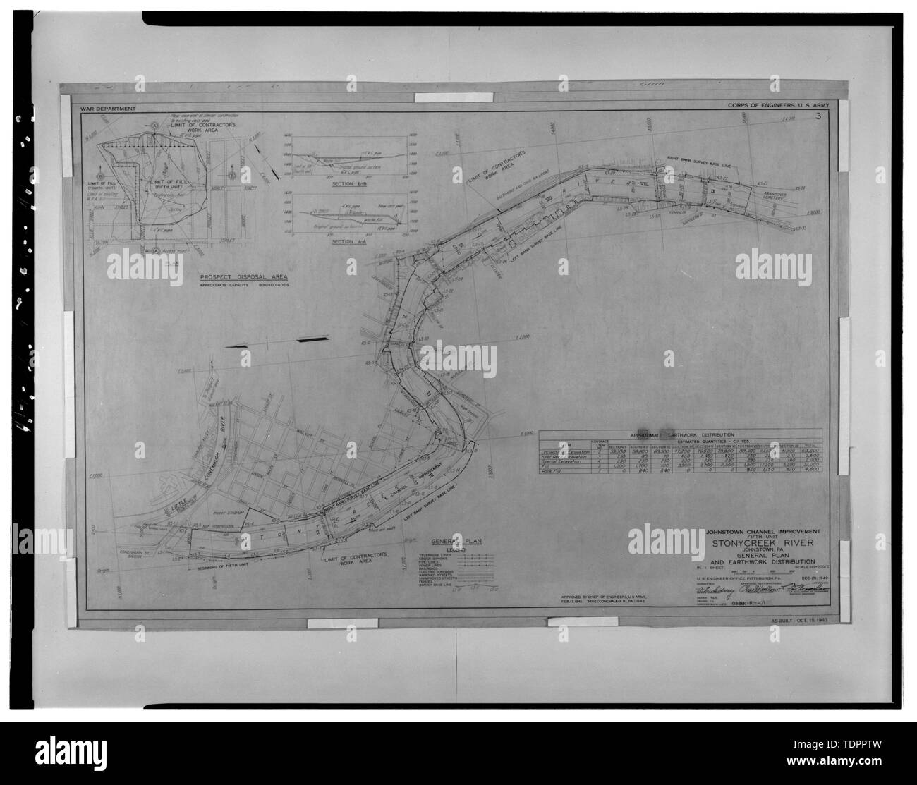 Copia fotografica del disegno originale, dal Corpo degli Ingegneri, U.S. Esercito, Dicembre 28, 1940 (originale in possesso del Corpo degli Ingegneri, U.S. Esercito, Distretto di Pittsburgh, Ingegneria Divisione file) unità 5, piano generale e lavori di movimento terra - distribuzione locale di Johnstown Flood Progetto di protezione, inizio sul fiume Conemaugh circa 3.8 miglia a valle della confluenza del Po Conemaugh e Stony Creek fiumi a Johnstown, Johnstown, Cambria County, PA Foto Stock