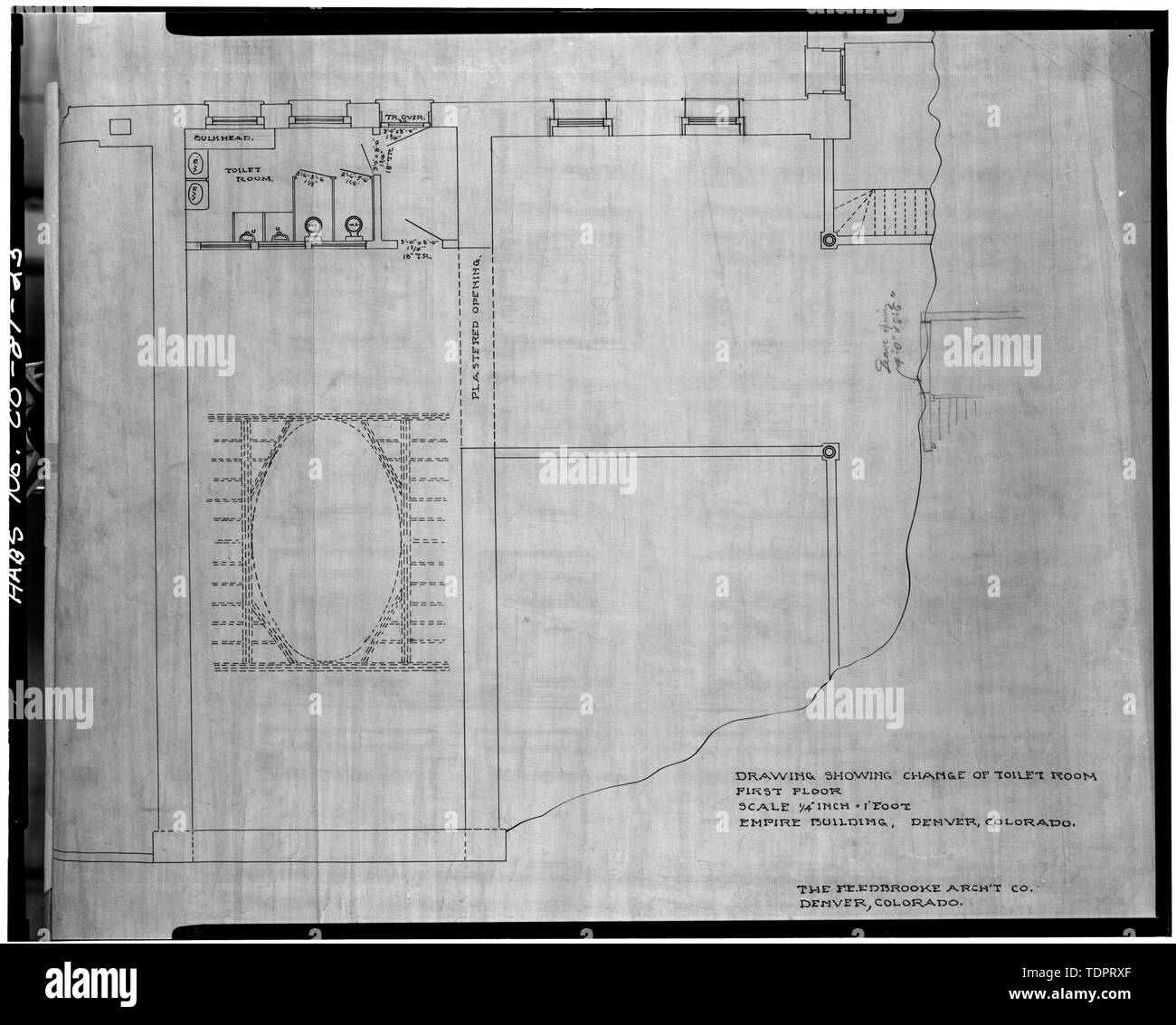 Copia fotografica originale del disegno architettonico (1906) in possesso di Colorado Historical Society, Denver, Colorado. Disegno che illustra CON CAMBIAMENTO DI WC CAMERA, Primo piano - Empire Building, 430 sedicesimo Street, South angolo del sedicesimo Street e Glenarm posto, Denver, Contea di Denver, CO Foto Stock