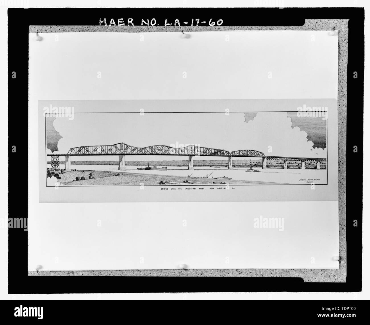 Copia fotografica del non datato 12E-148; x 36E-148; penna e inchiostro disegno da Modjeski, maestri e Chase, Bridge ingegneri. Illustrator sconosciuto. Allentato nella casella di grandi dimensioni situato presso il Museo Nazionale della Storia Americana, Smithsonian Institution, archivi Center, il lavoro e la Divisione Industria, Washington D.C.; Penna e inchiostro disegno della proposta finale della E-147;ponte sopra il fiume Mississippi, NEW ORLEANS, LA.E-148; - Huey P. lungo ponte, spanning del fiume Mississippi a circa metà strada tra nove e dodici punti miglia a monte ed a ovest di New Orleans, Jefferson, Jefferson parrocchia, LA; Modje Foto Stock