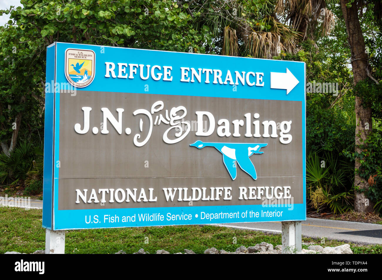 Sanibel Island Florida, J.N. Ding Darling National Wildlife Refuge, al Conservation, cartello d'ingresso, FL190507051 Foto Stock