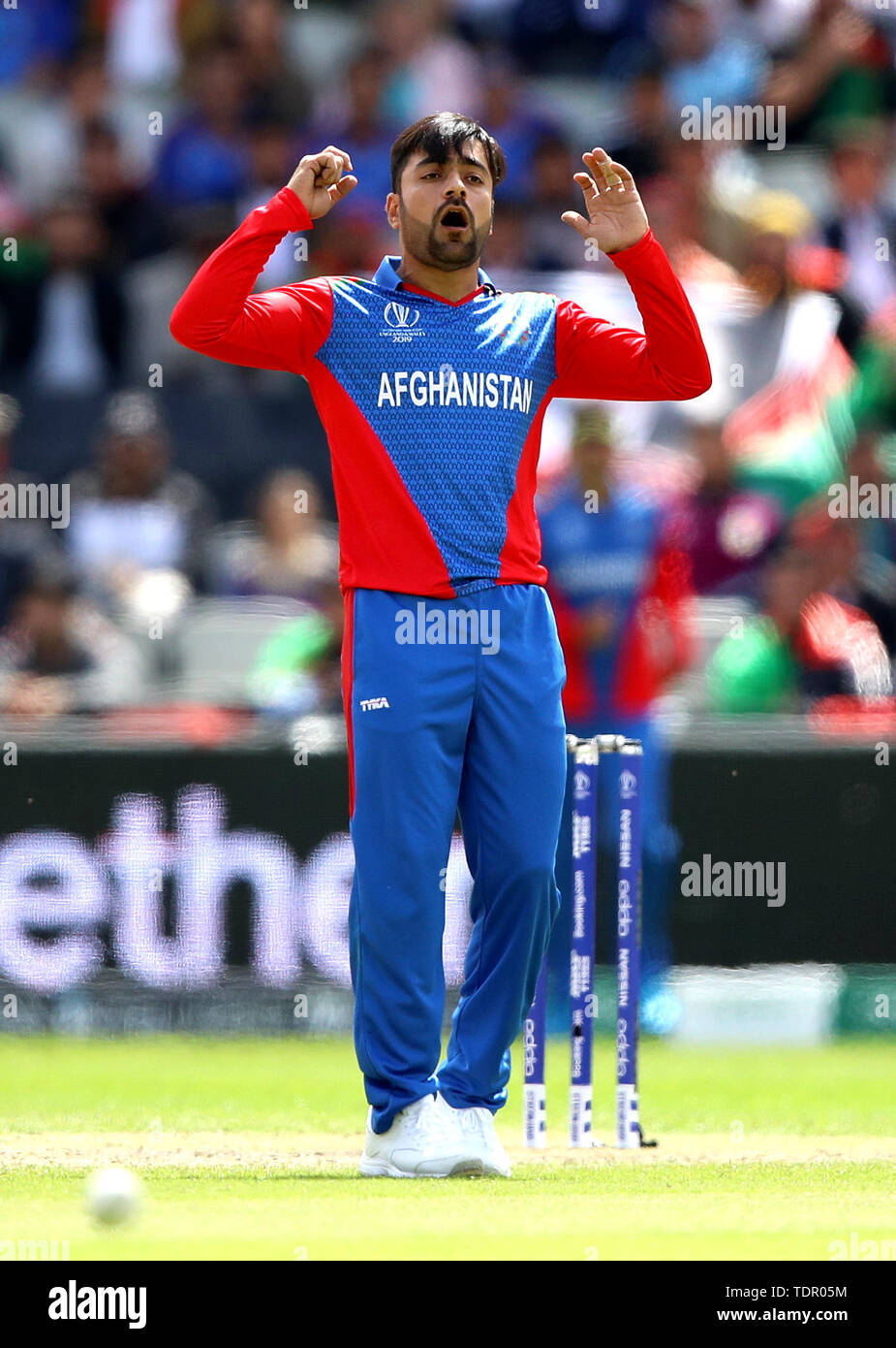 In Afghanistan del Rashid Khan reagisce durante l'ICC Cricket World Cup group stage corrispondono a Old Trafford, Manchester. Foto Stock