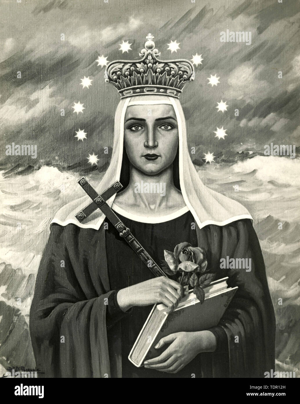 La Vergine Maria con fiore, prenotare e croce, pittura 1930s Foto Stock