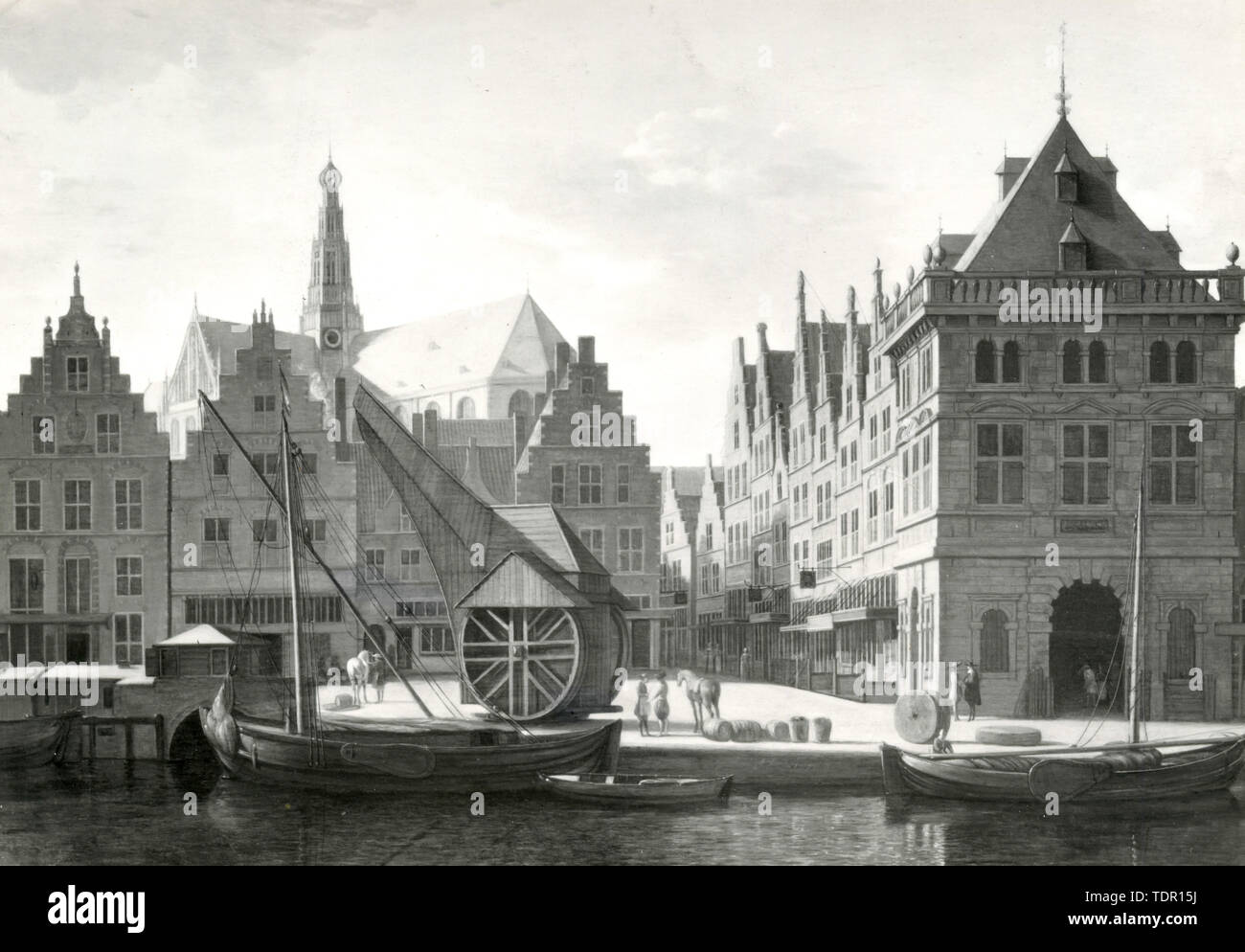 Vista di Haarlem dal Spaarne, dipinto dal pittore olandese Gerrit Berckheyde Foto Stock