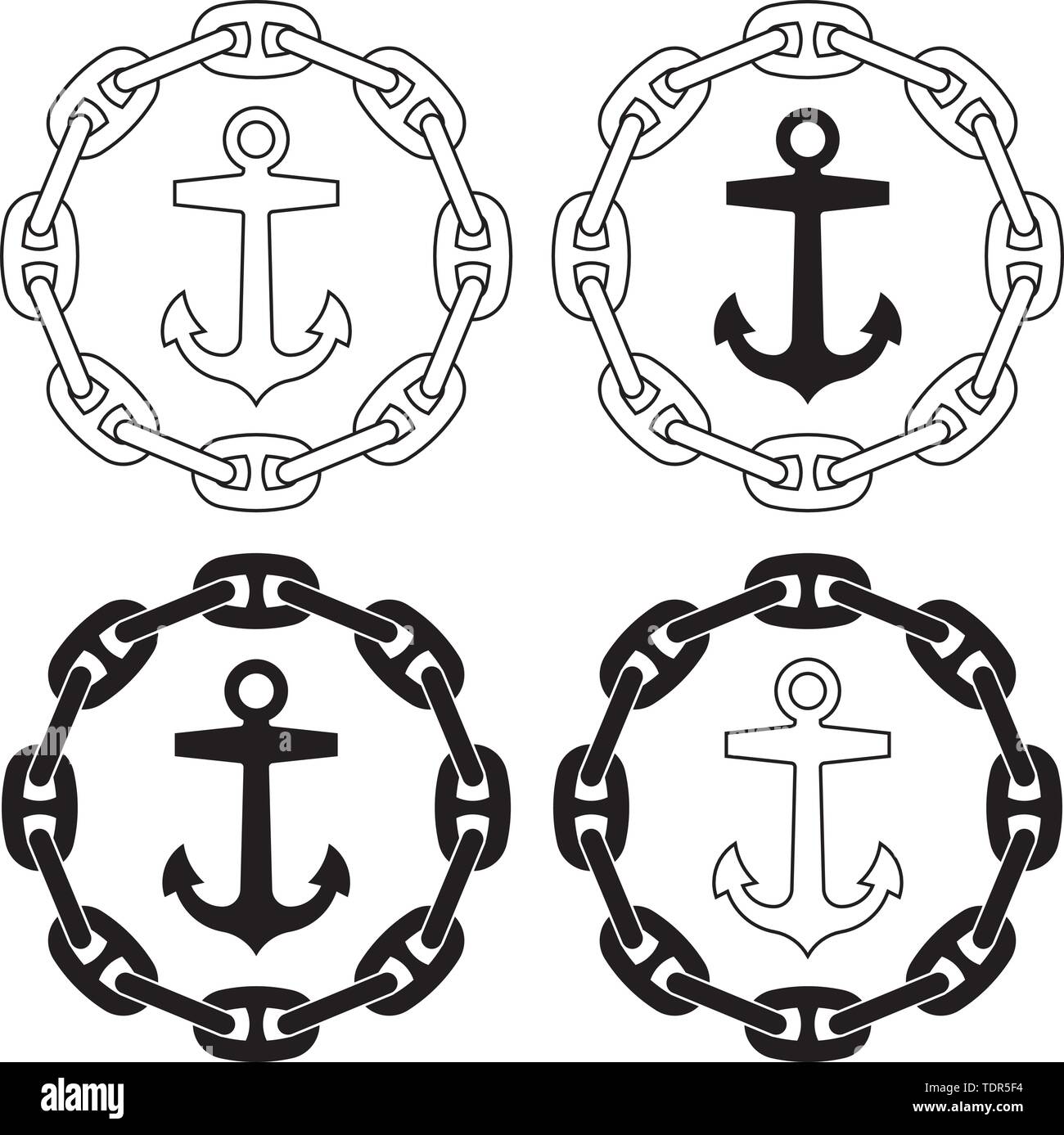 Elemento di ancoraggio e il perno di collegamento della catena di ancoraggio. Linea sottile e vettore di silhouette Illustrazione Vettoriale