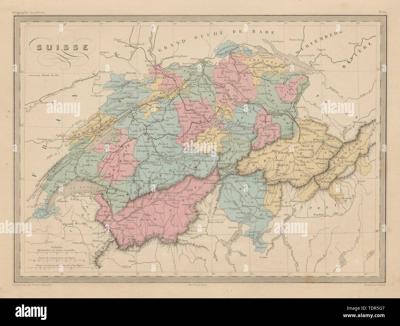 Suisse. La Svizzera nei Cantoni. MALTE-BRUN c1871 antica mappa grafico del piano Foto Stock