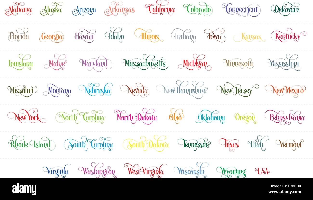 Tipografia del USA Membri Nome colorato illustrazione della Scrittura su sfondo bianco. La calligrafia moderno elemento per il design. Vettore semplice lasciare Illustrazione Vettoriale