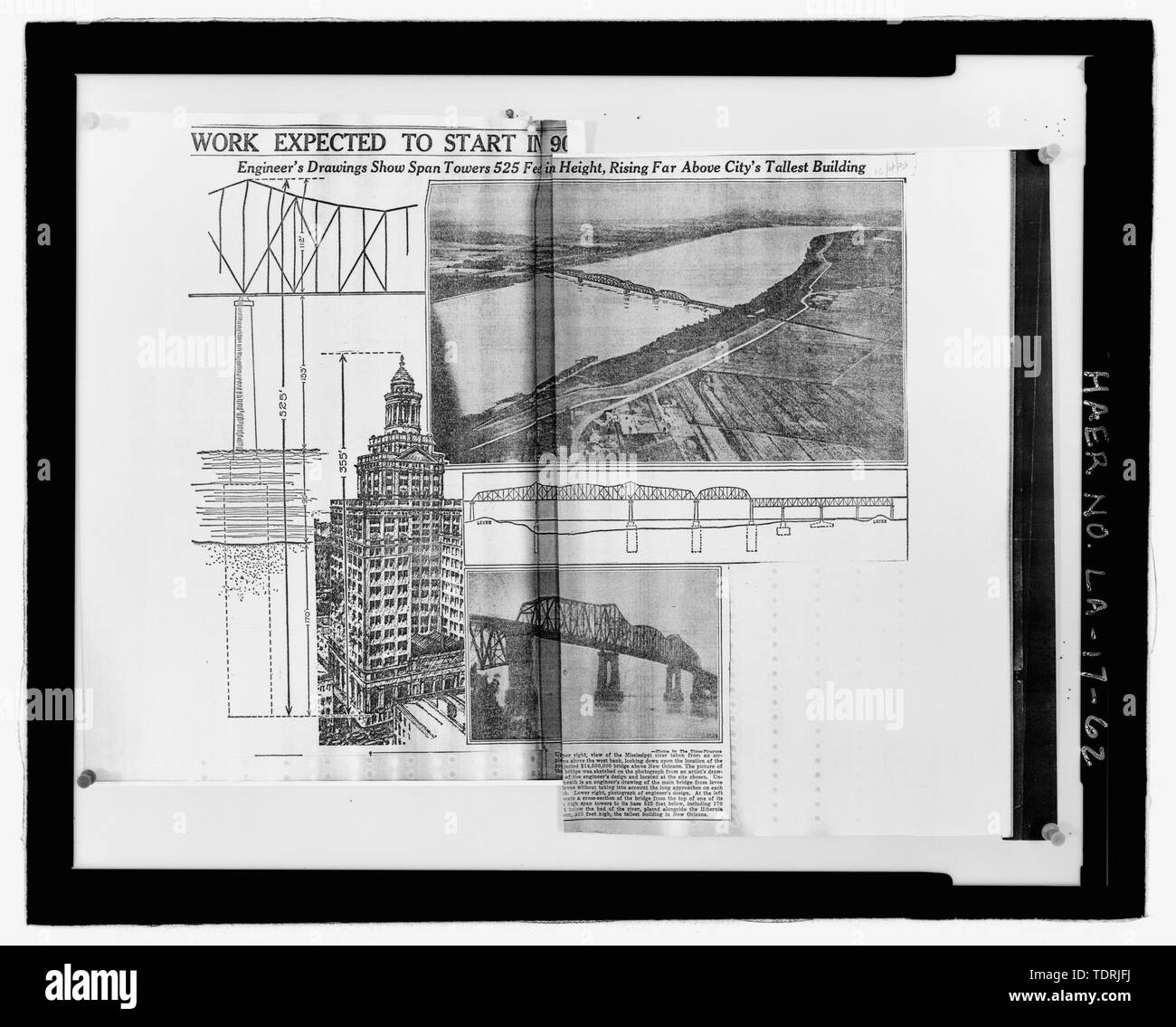 Copia fotografica del 4 ottobre 1931 New Orleans mattina giornale Tribune dell'articolo. Situato in un album fotografico presso il Museo Nazionale della Storia Americana, Smithsonian Institution, archivi Center, il lavoro e la Divisione Industria, Washington D.C.; Ottobre 4, 1931 NEW ORLEANS MATTINA GIORNALE TRIBUNE ARTICOLO ANNUNCIANDO CHE IL LAVORO SUL NUOVO PONTE SI PREVEDE DI AVVIARE IN 90 GIORNI. - Huey P. lungo ponte, spanning del fiume Mississippi a circa metà strada tra nove e dodici punti miglia a monte ed a ovest di New Orleans, Jefferson, Jefferson parrocchia, LA; Modjeski, maestri e Chase, Inc., enginee Foto Stock