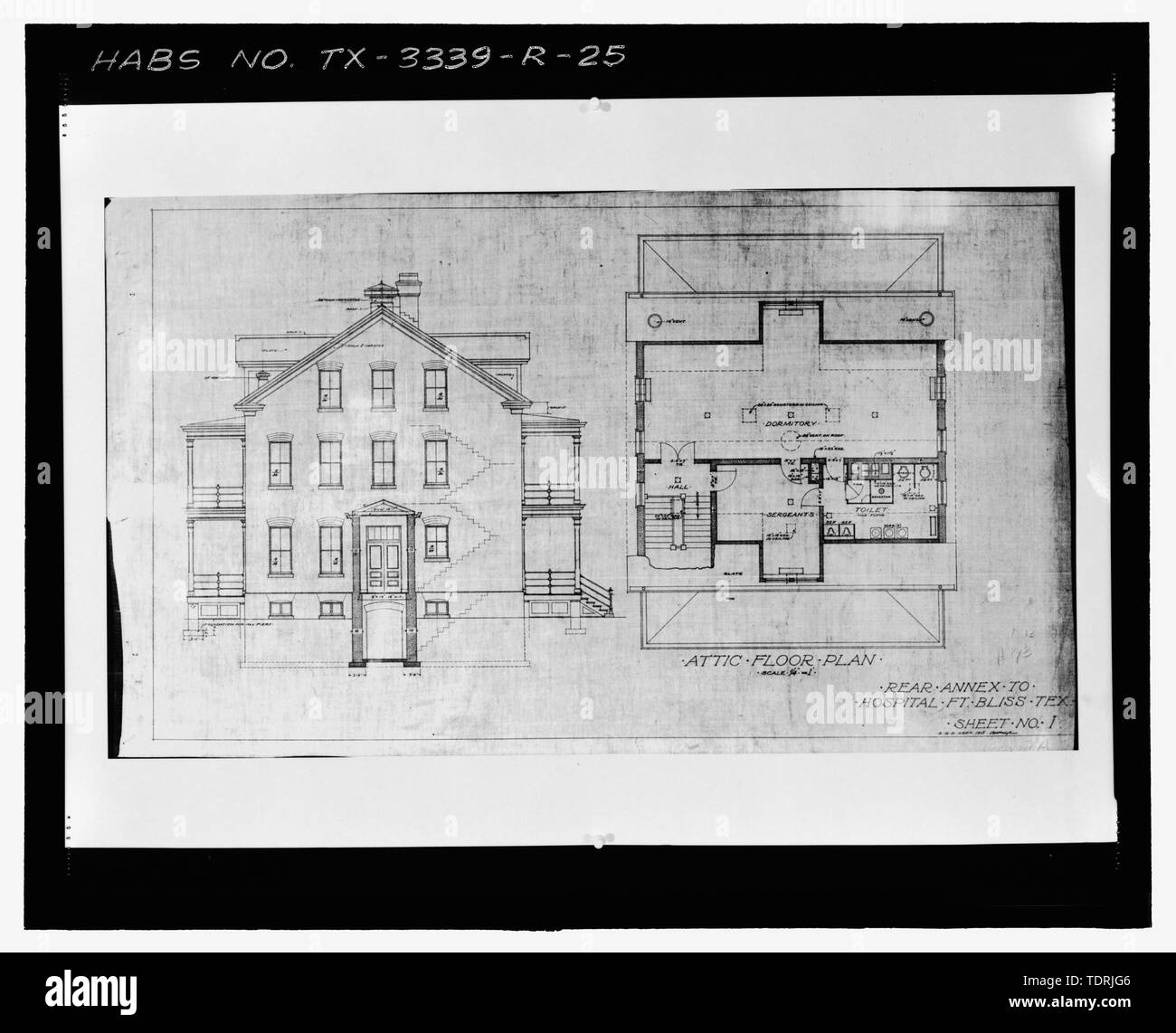 Copia fotografica del foglio n. 1 (1915)- Piano mansarda piano - Fort Bliss, Post Ospedale, Pershing Road, El Paso, El Paso County, TX; Intendente generale dell'Ufficio, architetto; Dipartimento dell'esercito, proprietario; Mickelsen, Stanley R., post commander Foto Stock