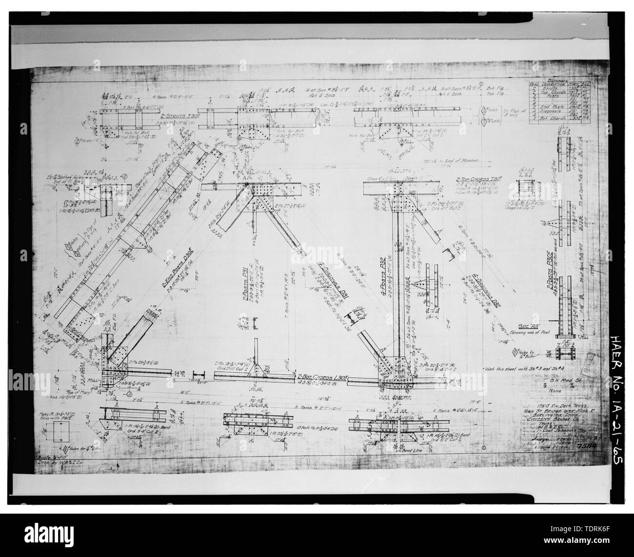 Copia fotografica del disegno di costruzione (26 novembre 1915; biancheria originale disegno in possesso della città di Burlington, Burlington, Iowa). Dettagli del 175' DECK travatura. - MacArthur bridge spanning Mississippi River sull'Autostrada 34 tra IA E IL, Burlington, Des Moines County, IA Foto Stock