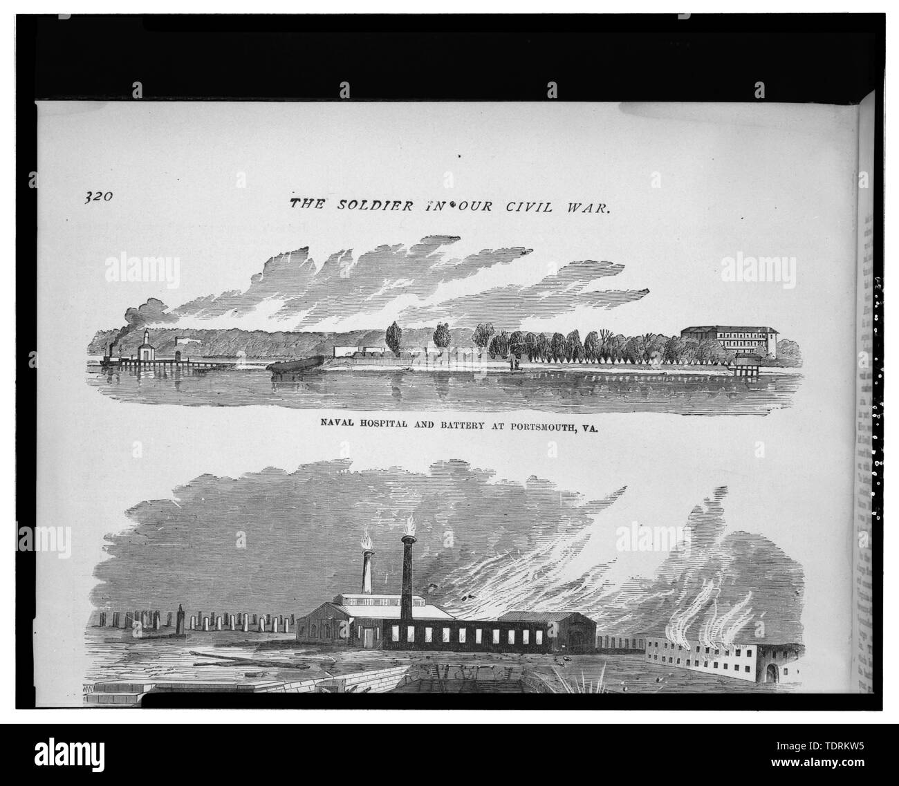 Copia fotografica del disegno storico, Naval Hospital e batteria a Portsmouth, VA., ca. 1862. (Da Paolo F. Moteelay e T. Campbell-Copeland è il soldato nella nostra Guerra civile- una storia pittorica del conflitto, 1861-1865. New York- Stanley Bradley Publishing Company, 1890, vol. 1, p. 320.) - Portsmouth Naval Hospital, delimitata dal fiume di Elizabeth, Crawford Street, Portsmouth Ospedale Generale di Parkview Avenue, e Scotts Creek, Portsmouth, Portsmouth, VA Foto Stock