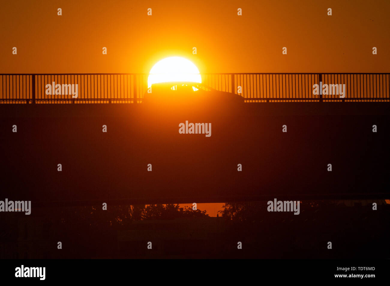 Magdeburg, Germania. Il 18 giugno, 2019. Una vettura attraversa un ponte a sunrise. La regione intorno alla capitale dello stato è rivolta verso una calda e soleggiata giornata estiva. È sempre caldo. Nel tardo pomeriggio la temperatura deve essere al di sopra dei 30 gradi Celsius. Credito: Klaus-Dietmar Gabbert/dpa-Zentralbild/ZB/dpa/Alamy Live News Foto Stock