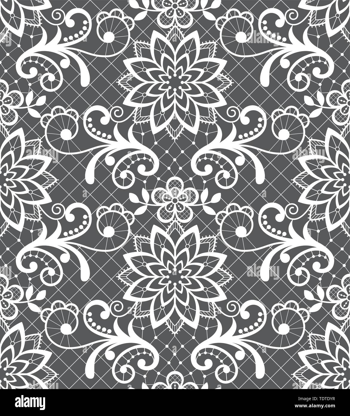 Vettore di Seamless pattern - pizzi design con fiori e volute, ornamento dettagliati in bianco su sfondo grigio Illustrazione Vettoriale