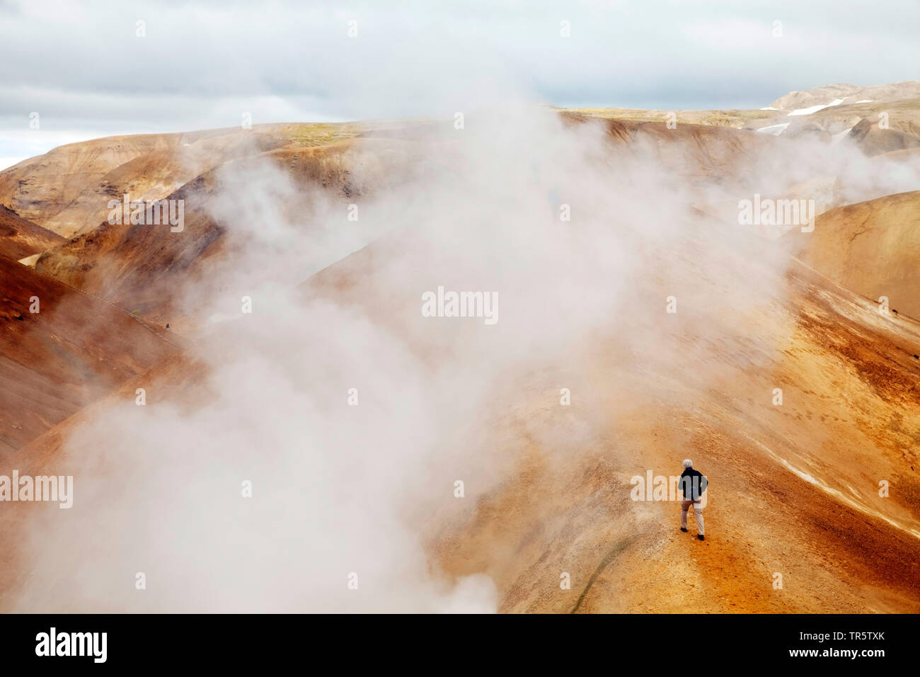 Persone tra sorgenti calde e Rhyolithe montagne in Hveradalir area geotermica , Islanda, Kerlingarfjoell Foto Stock