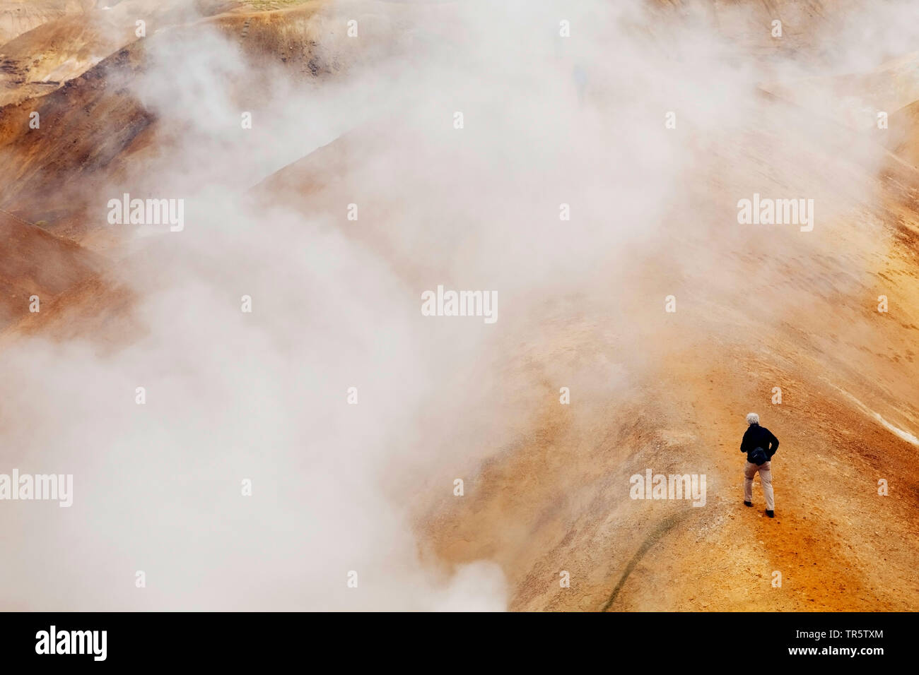 Persone tra sorgenti calde e Rhyolithe montagne in Hveradalir area geotermica , Islanda, Kerlingarfjoell Foto Stock