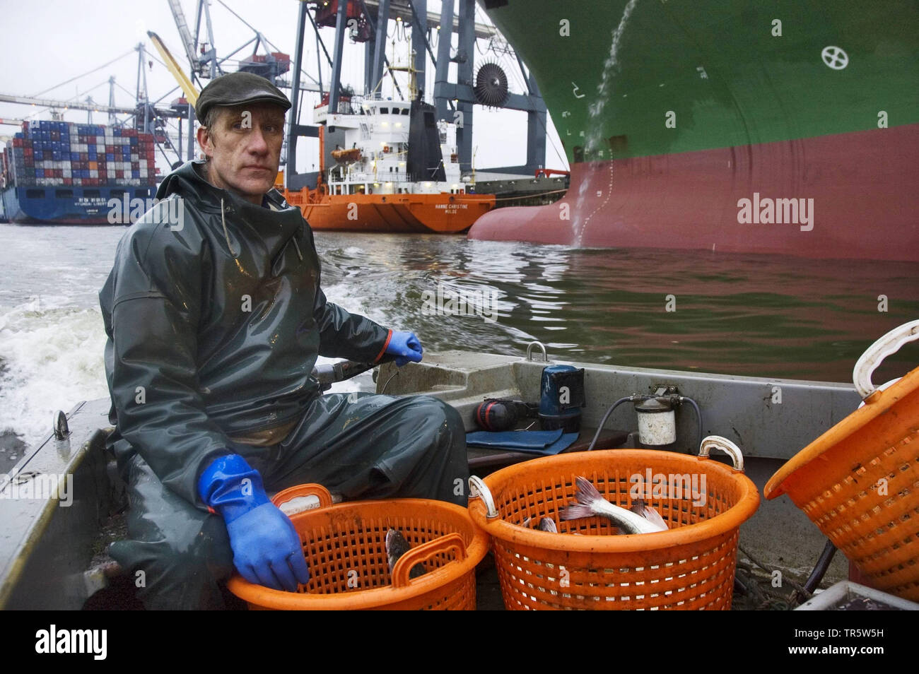Fischerman in una barca da pesca sul fiume Elba nel porto di Amburgo, Germania, Amburgo Foto Stock
