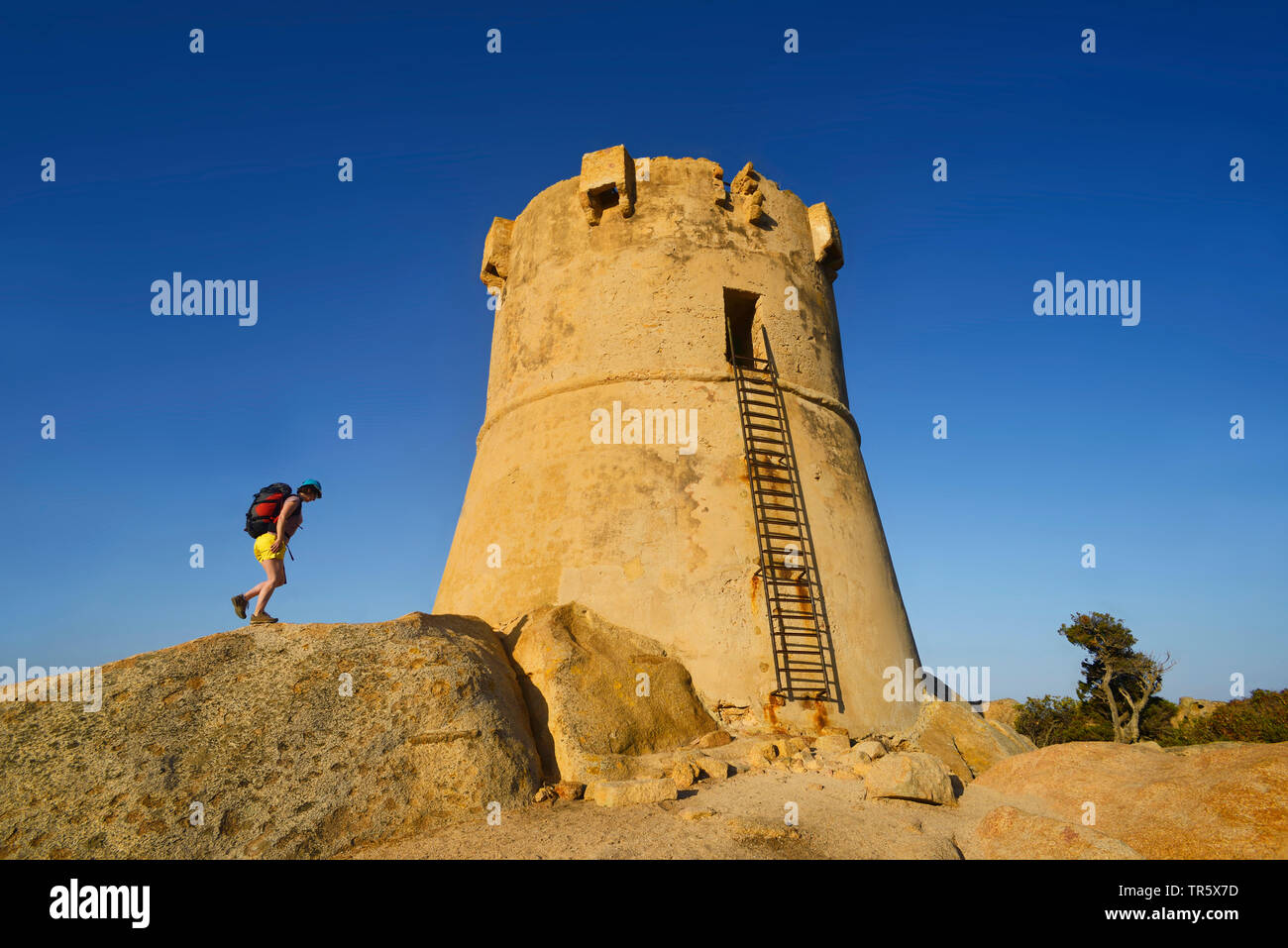 Escursionista presso la torre genovese di Senetosa vicino alla città di Sartene. Sud-est Corse, Francia, Corsica, Sartene Foto Stock
