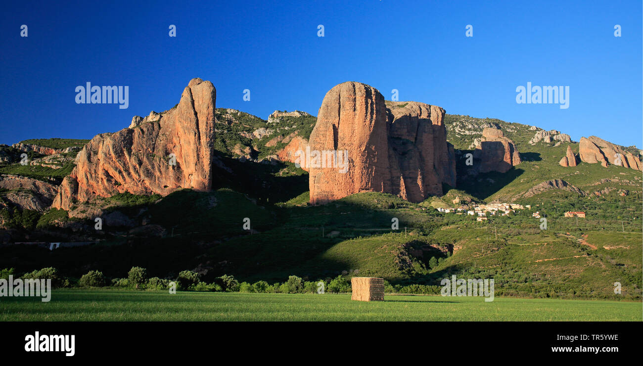 Formazione di roccia Mallos de Riglos, Spagna Aragona, Huesca Foto Stock