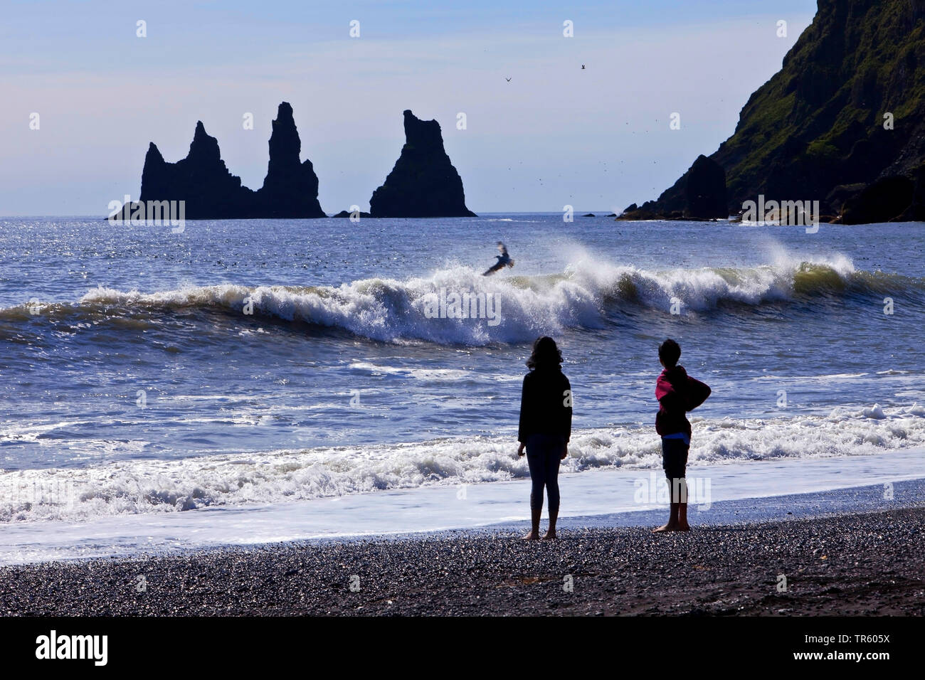 Le persone sulla spiaggia di roccia aghi a Reynisdrangar a Vik mi¡ Myrdal, Islanda, Sud Islanda, Reynisdrangar Foto Stock