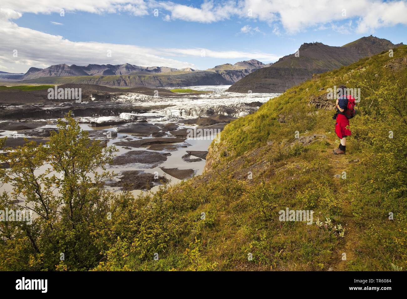 Escursionista presso il Glacier Svinafellsjoekull Vatnajoekull nel Parco Nazionale, Hornarfjoerdur, Islanda, Est Islanda, Vatnajoekull National Park, Svinafellsjoekull Foto Stock